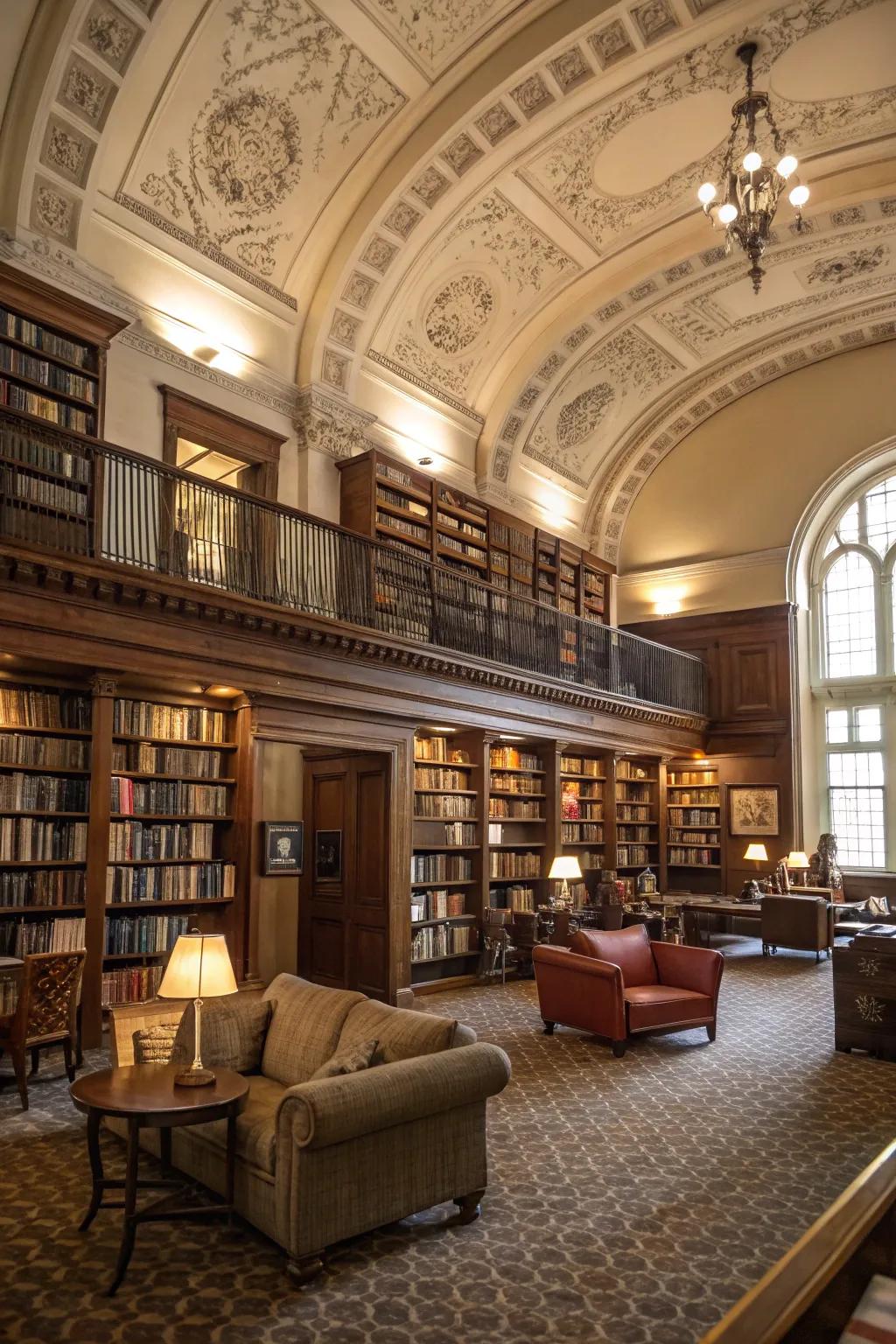 A cozy library with large crown molding, offering a classic and refined reading space.