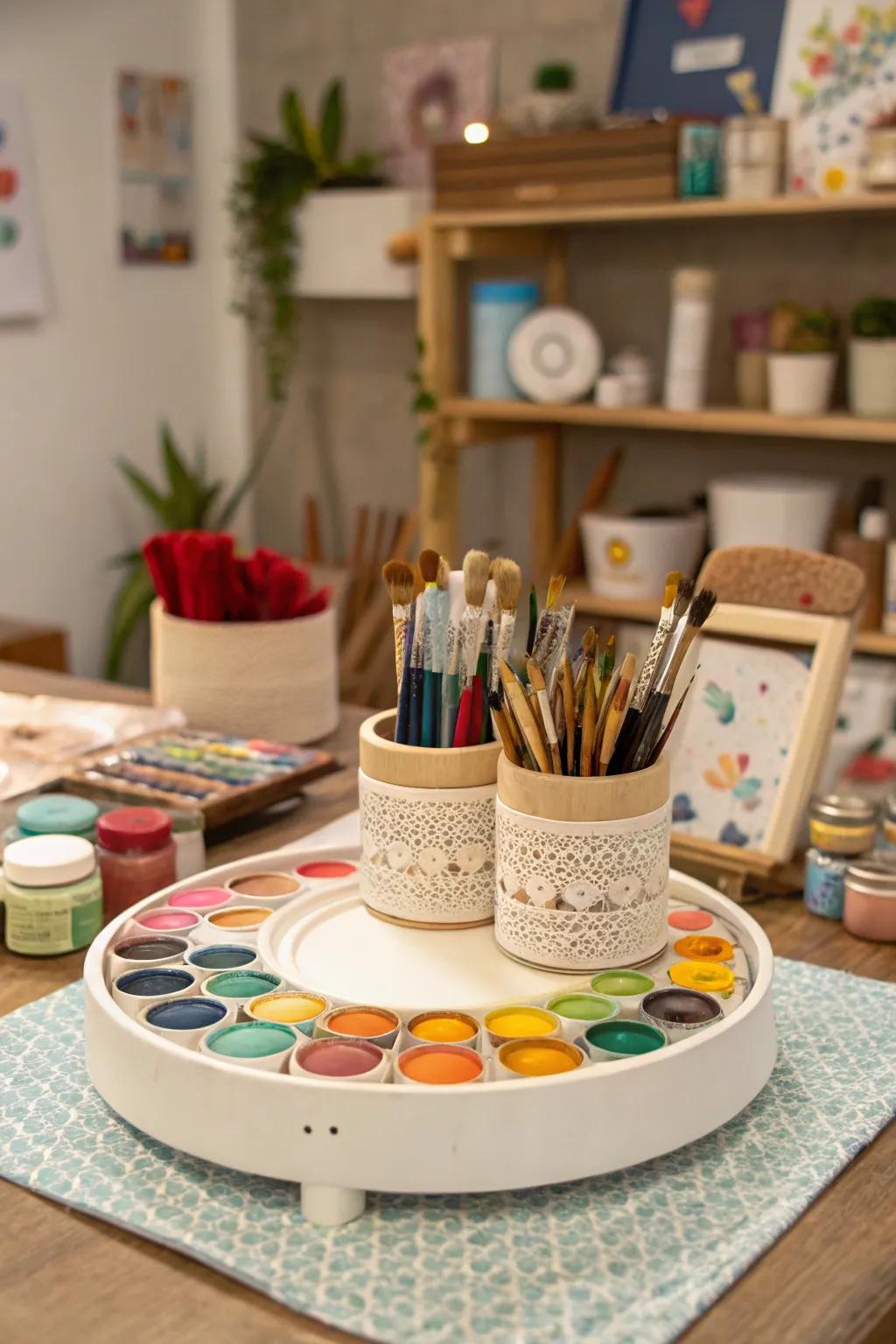 A well-organized crafting station with a lazy Susan.