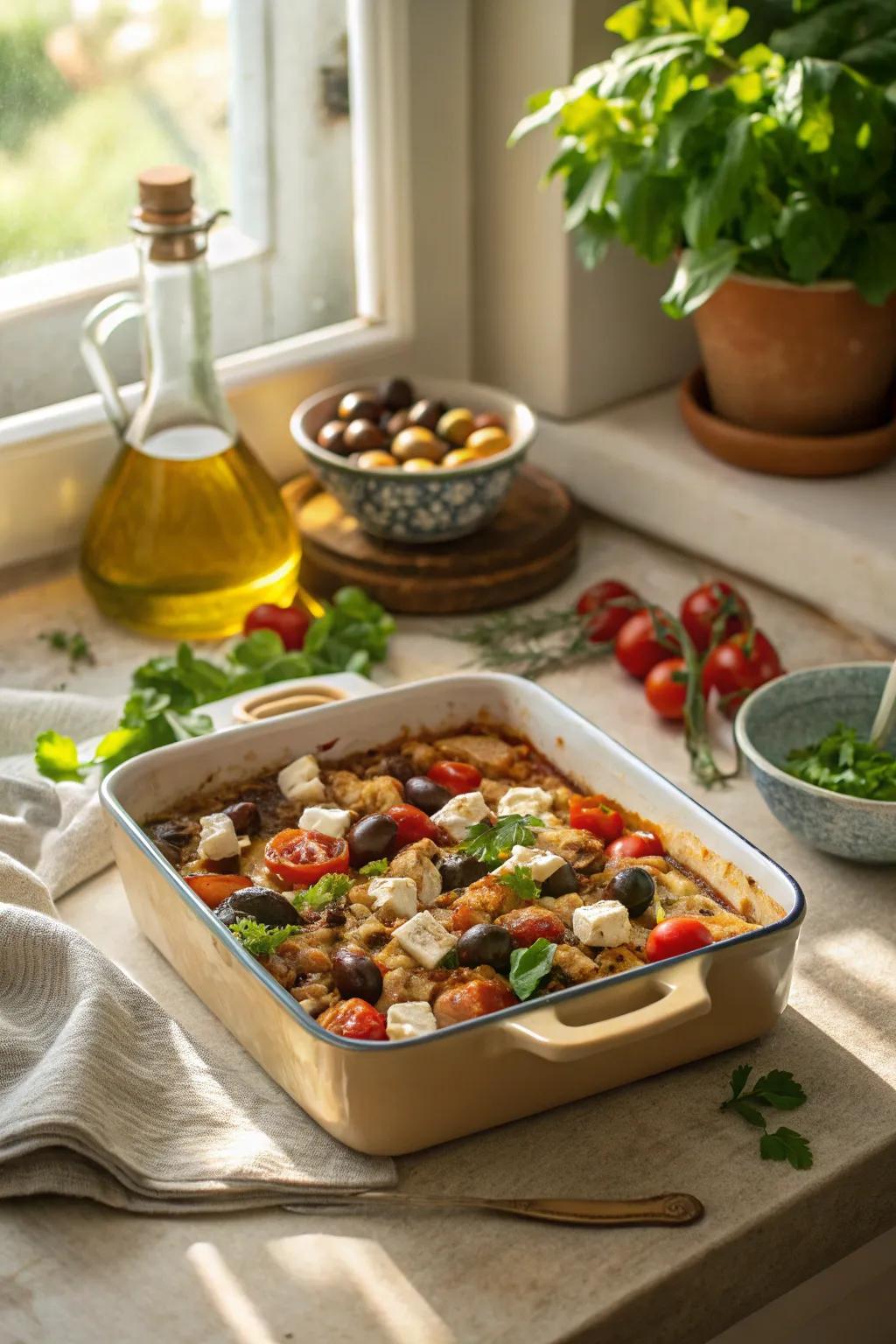 Mediterranean turkey casserole brings a taste of the Mediterranean to your meal.