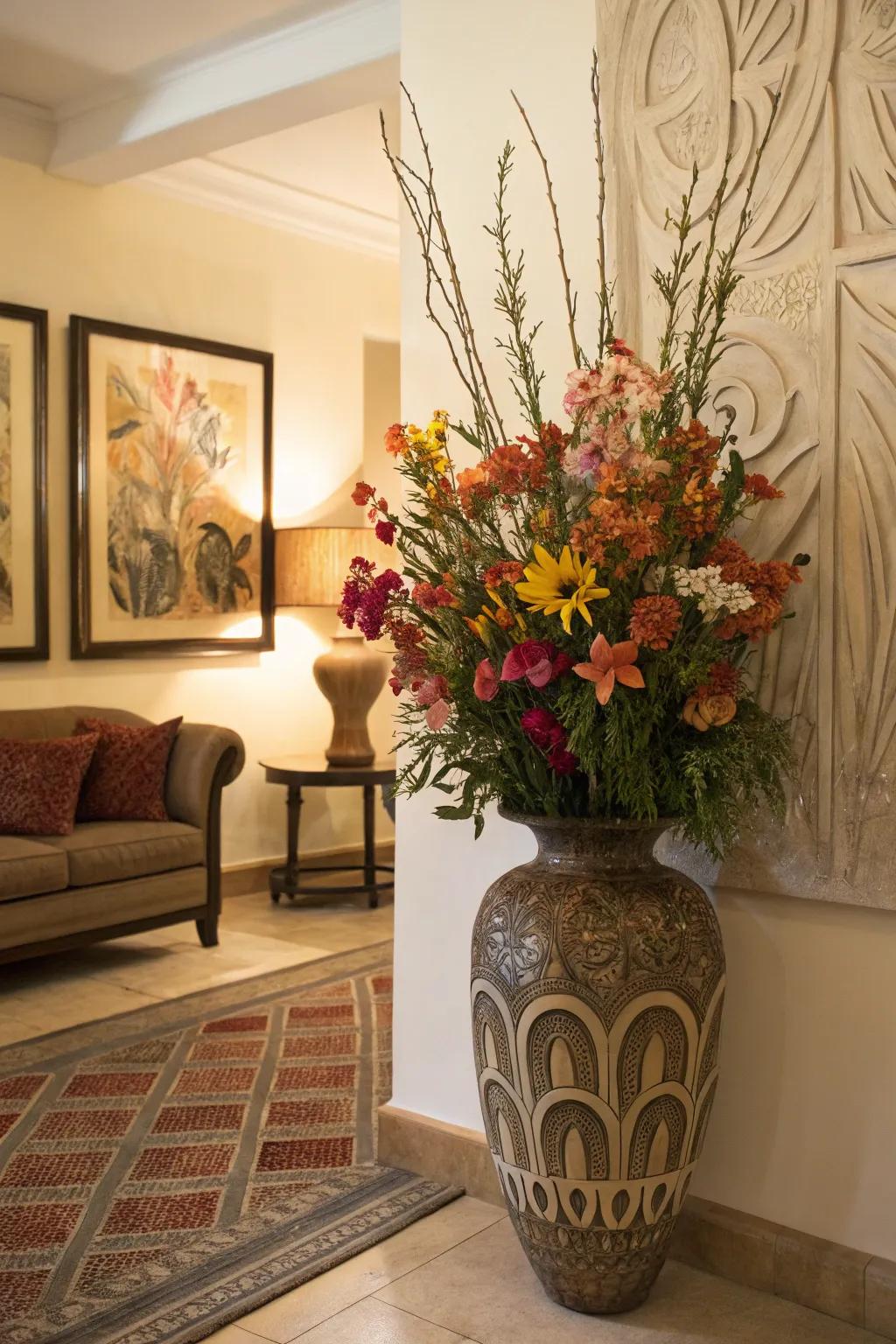 Combine a large floor vase with art pieces for a cohesive living room statement.