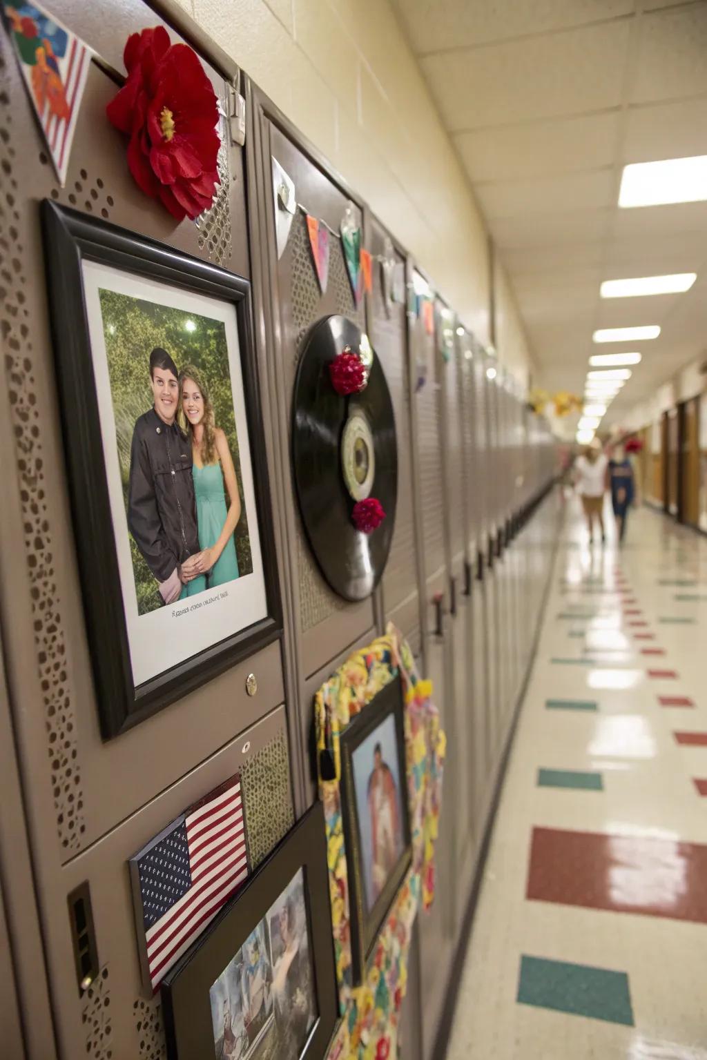 A locker showcasing personal snapshots in magnetic photo frames.