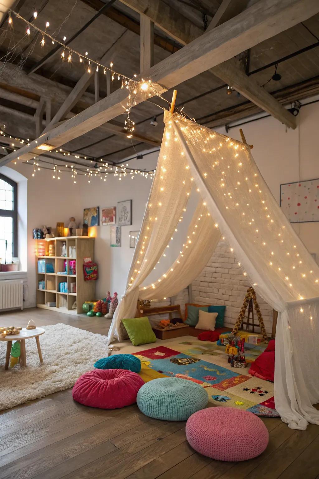 A light string canopy adds a touch of magic to the playroom.