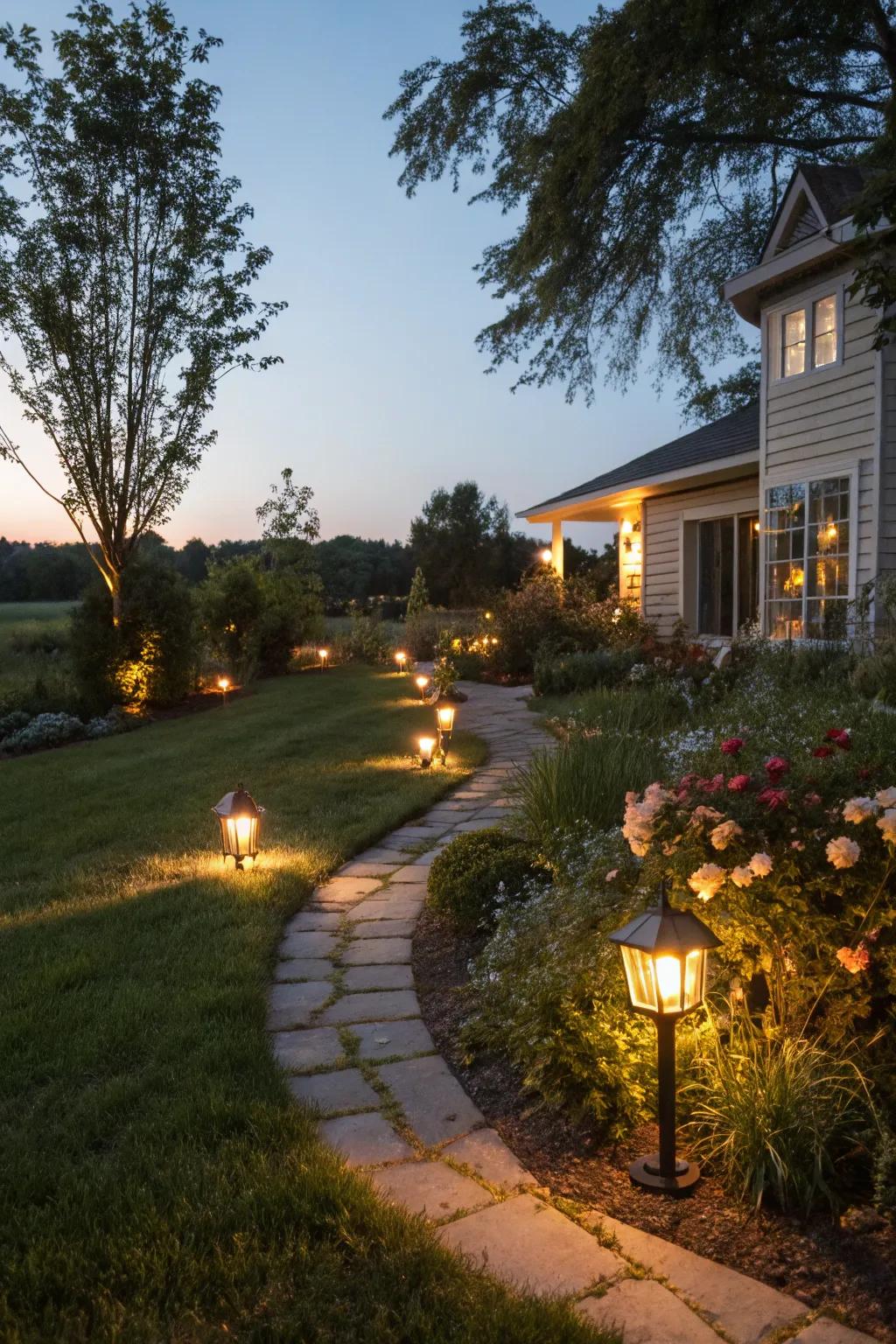 Outdoor lighting creating ambiance and safety in the yard.