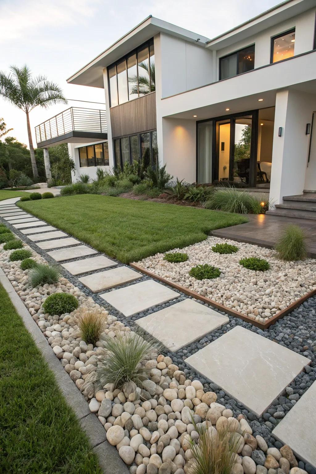 Pebble beds providing texture and modern elegance.