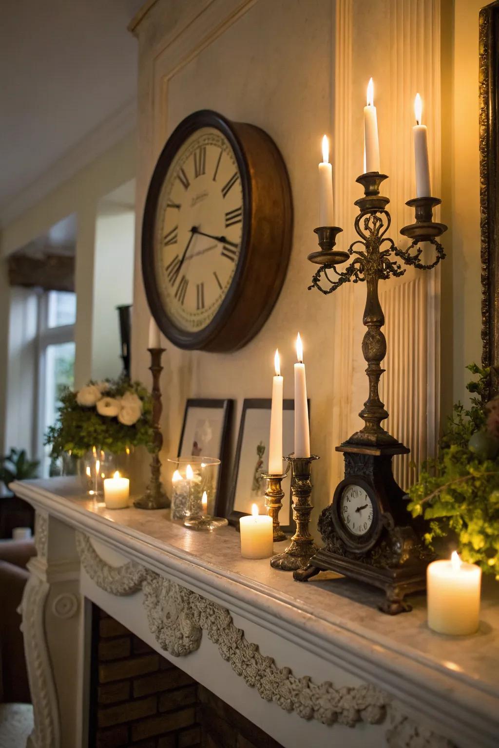 A candlelit mantel with a cozy ambiance and a clock.