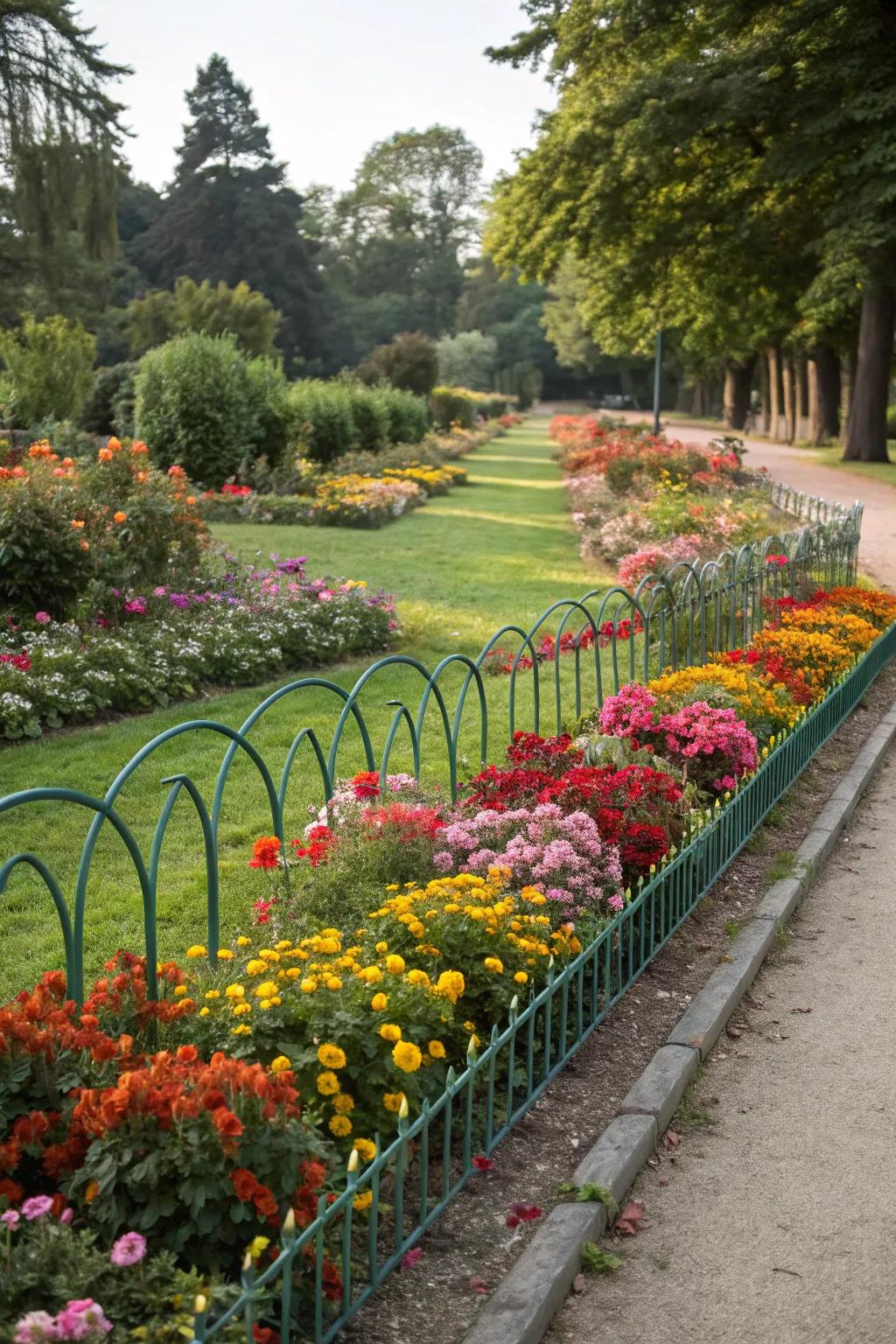 Colored metal edging adds vibrant accents to gardens.