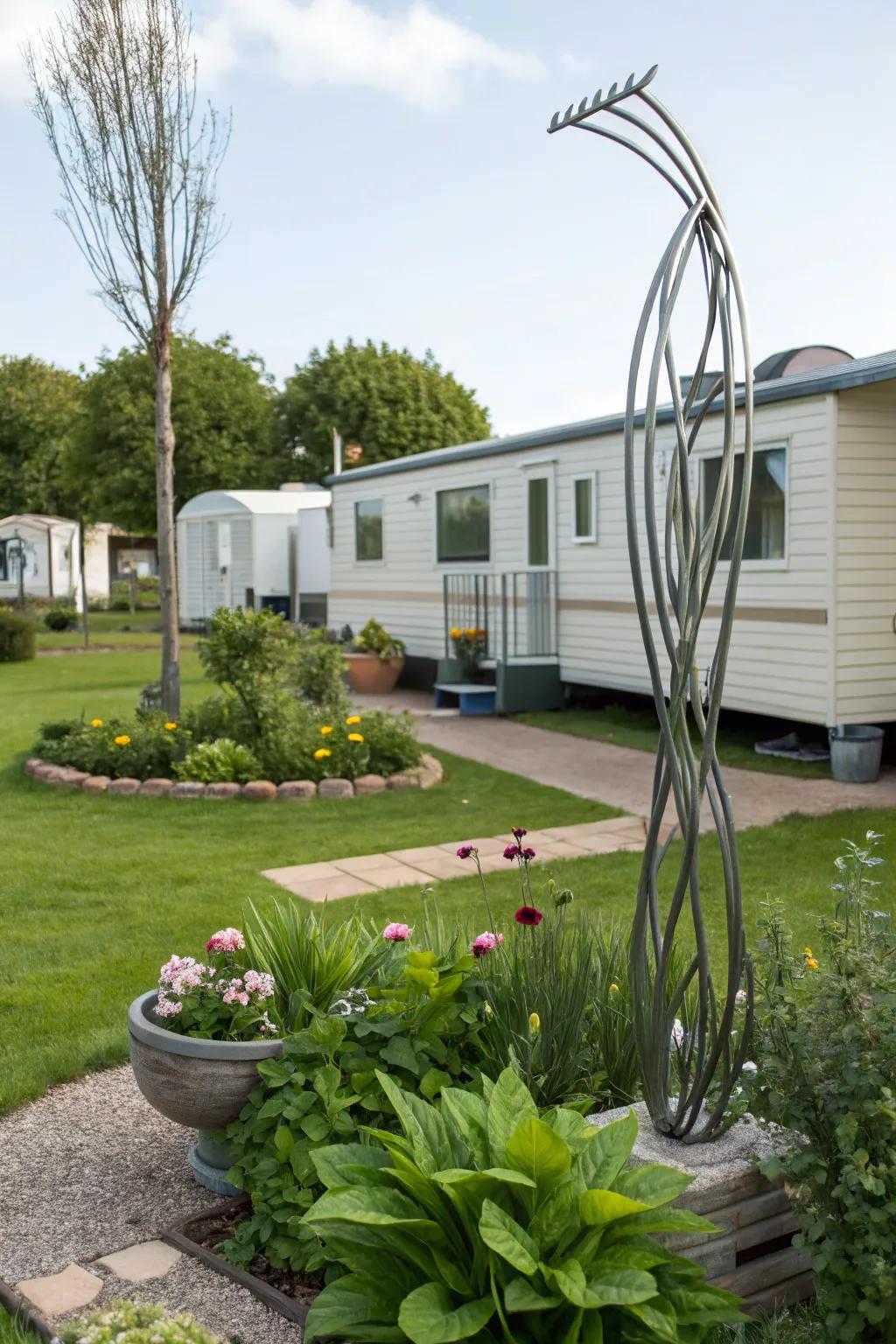 A modern metal sculpture adding personality to a mobile home garden.