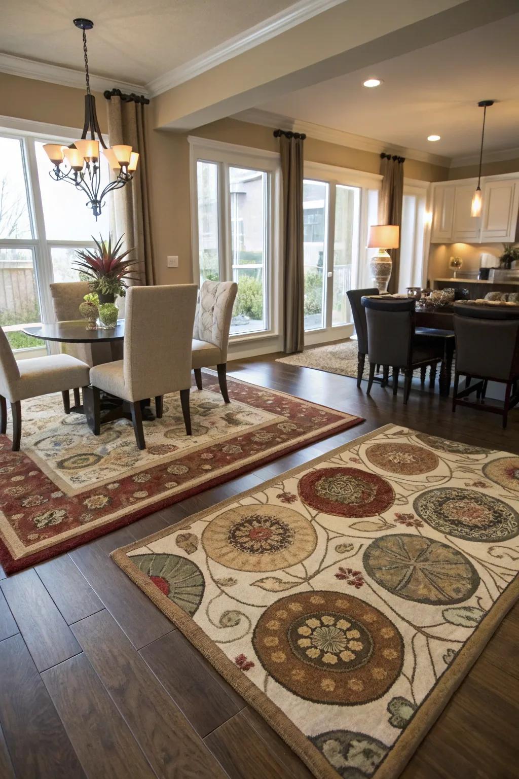 Rugs can define spaces and add warmth.