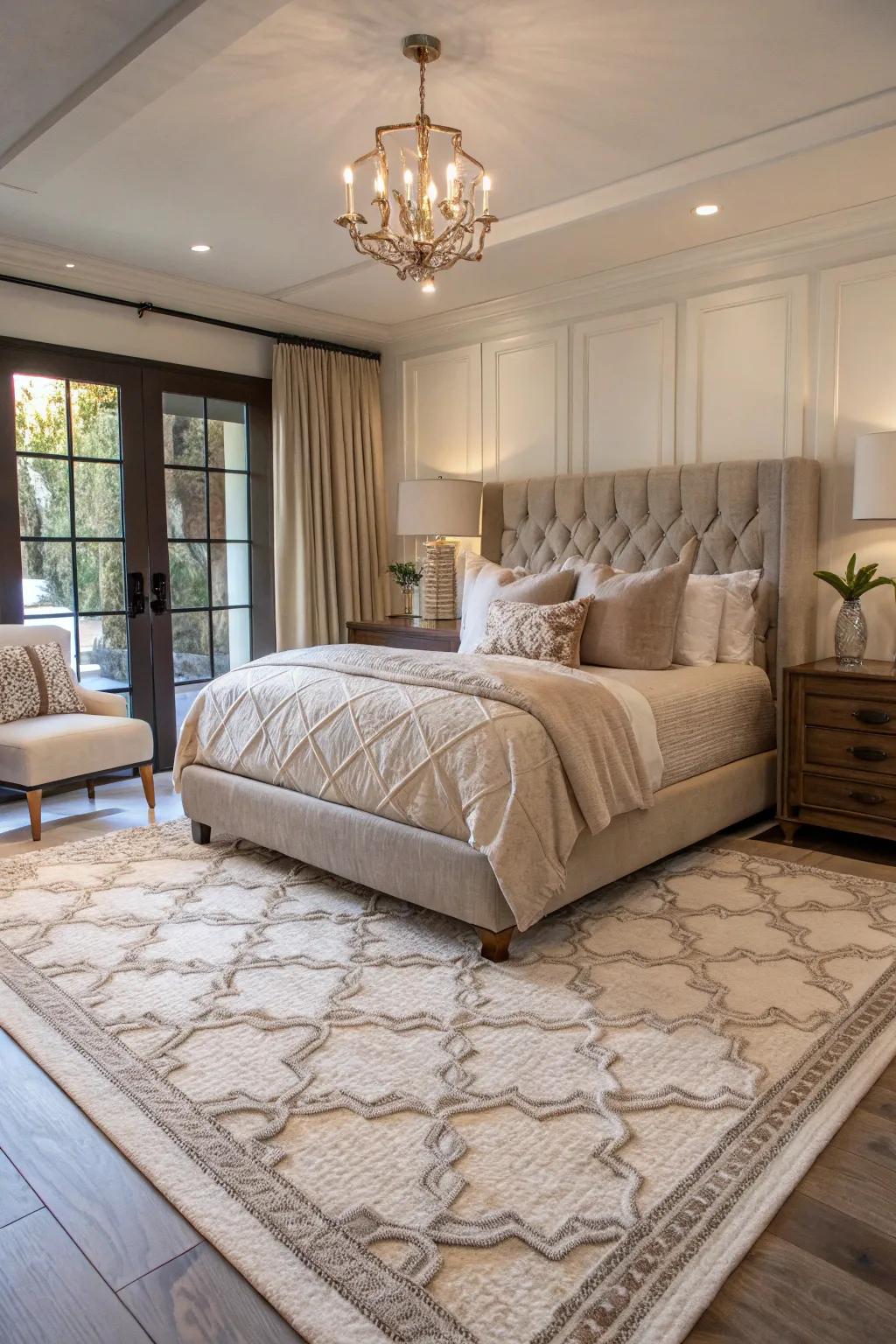 Layered rugs add depth and warmth to this modern bedroom.