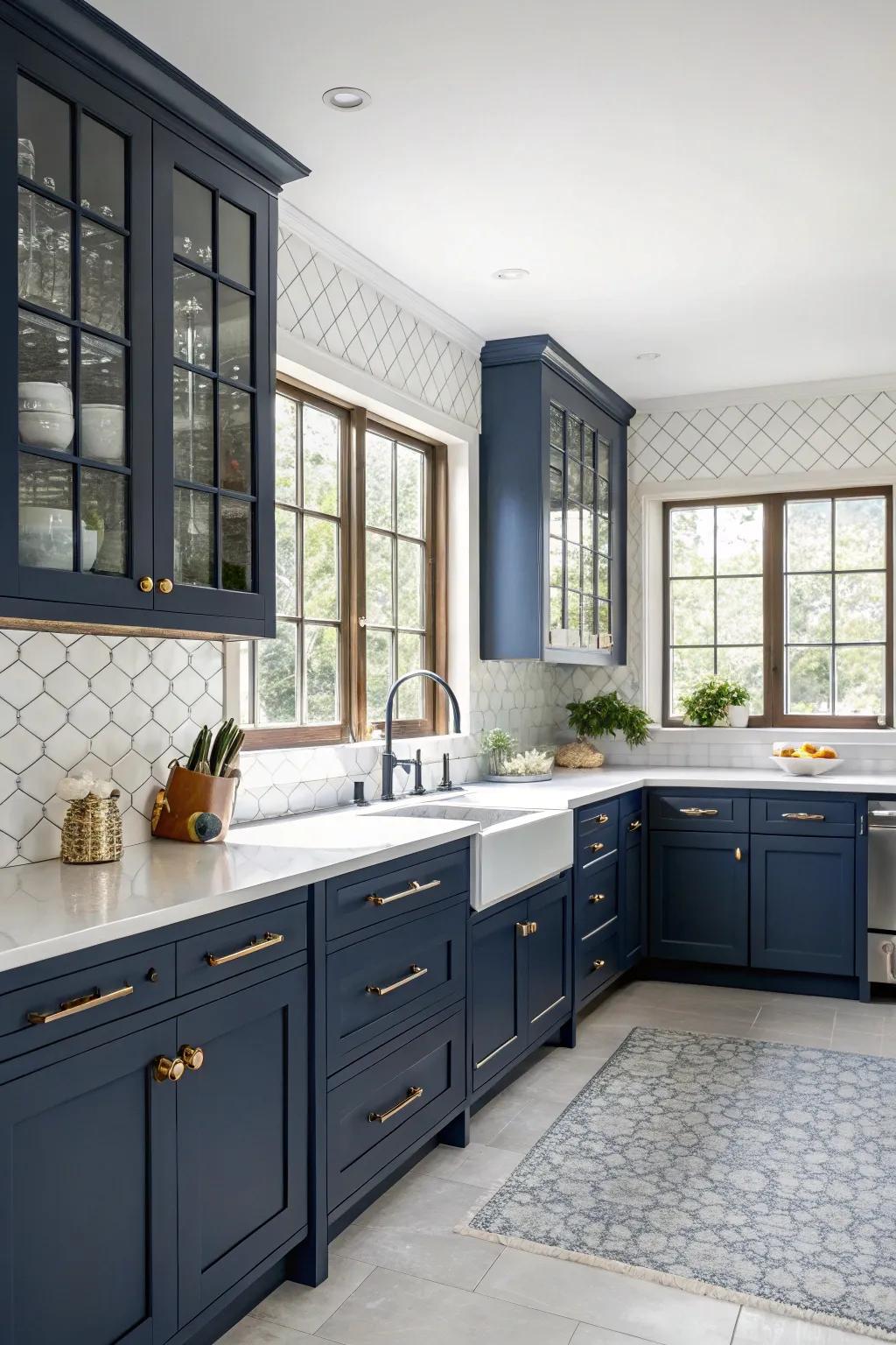 Navy blue window frames add cohesion and continuity to kitchen designs.