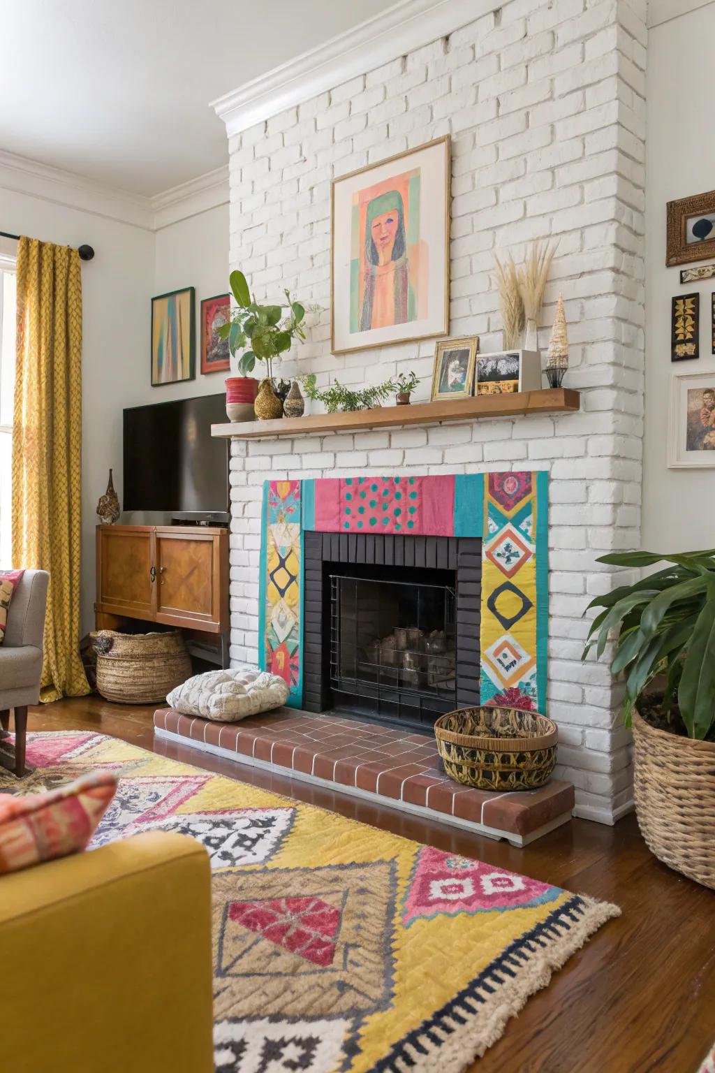 Eclectic colors and patterns bring charm to a painted fireplace.