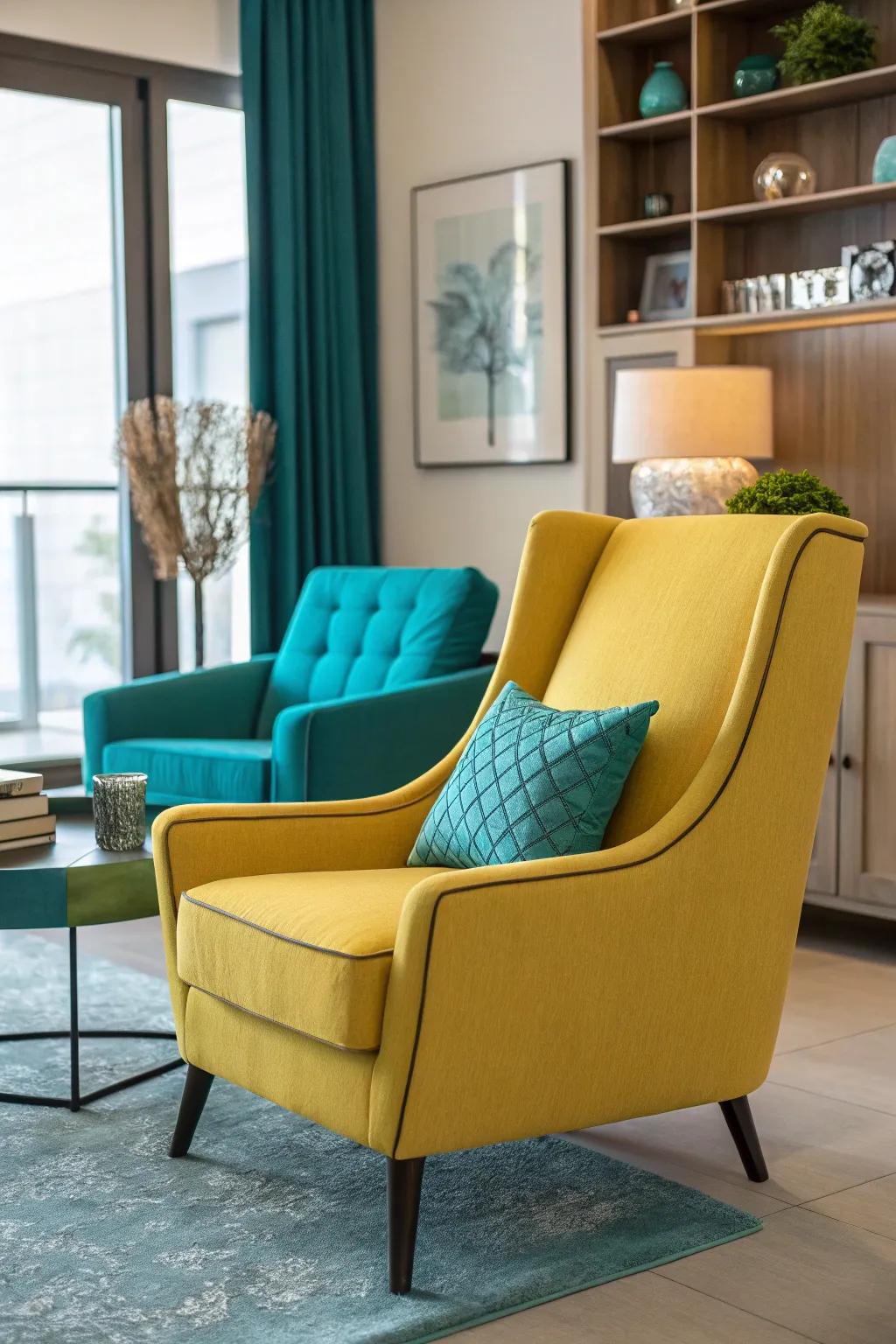 A yellow armchair adds an unexpected pop of color.