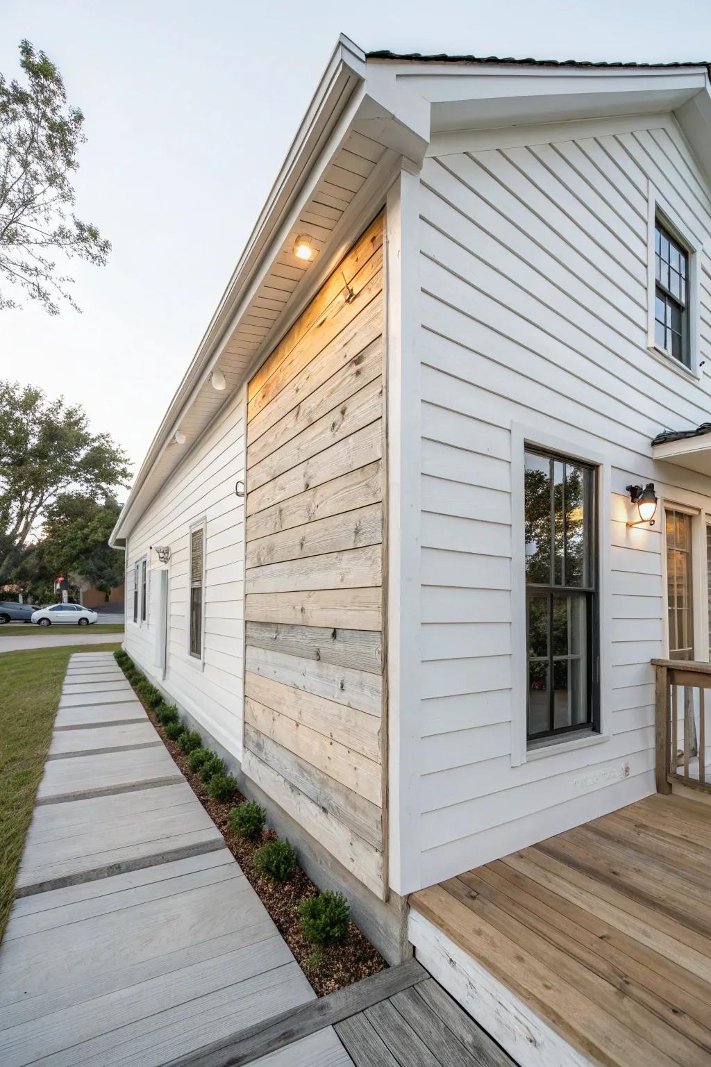 Textured whitewashed planks enhance the charm of a modern exterior.
