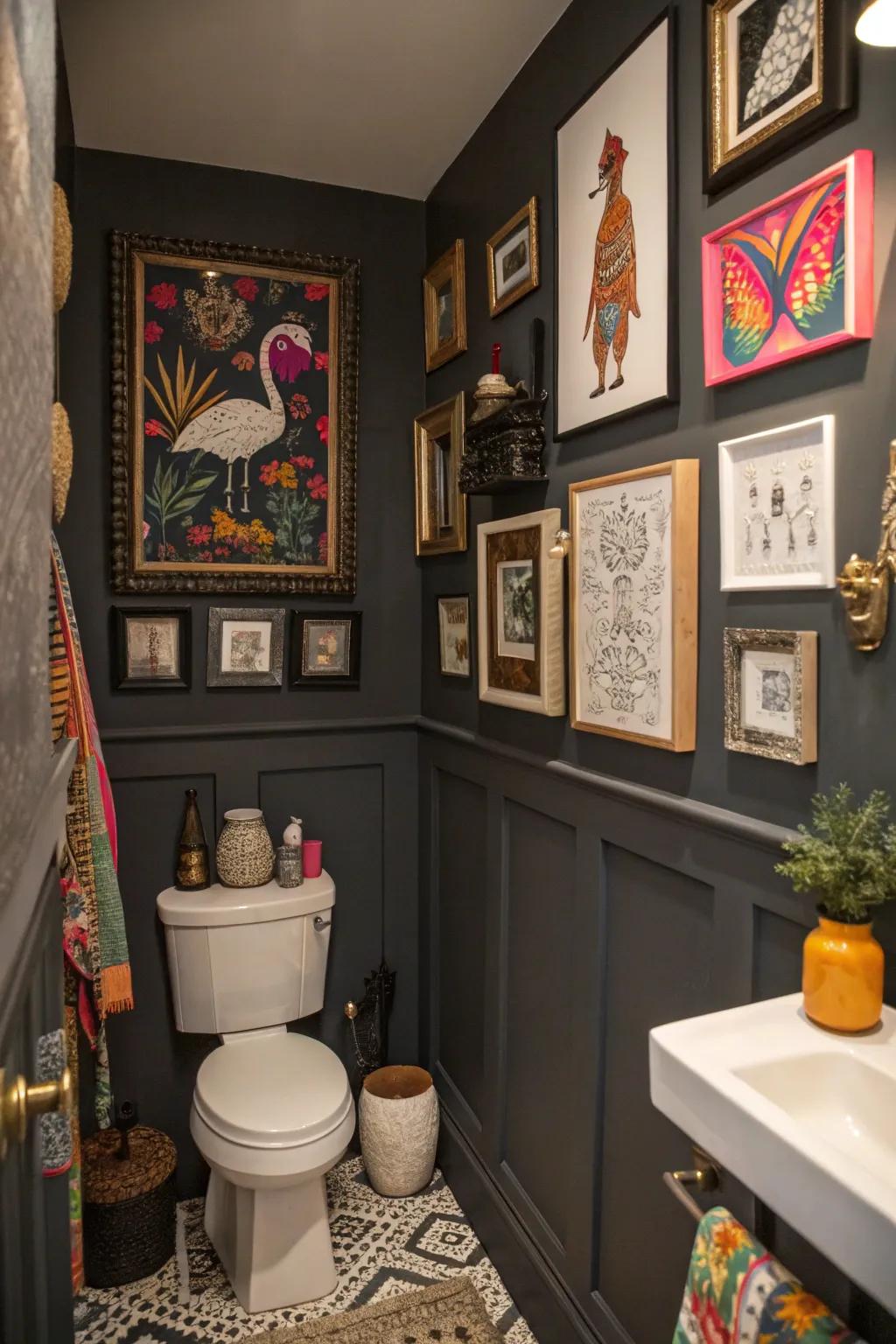 Eclectic artwork adds personality and intrigue to moody bathrooms.