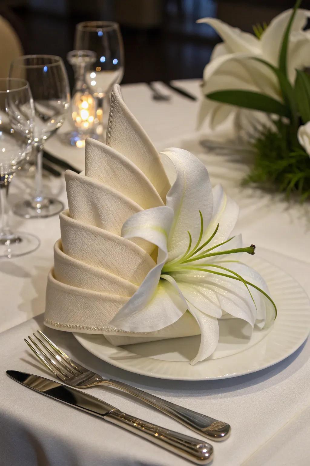 Elegant atrium lily folds for a sophisticated table.