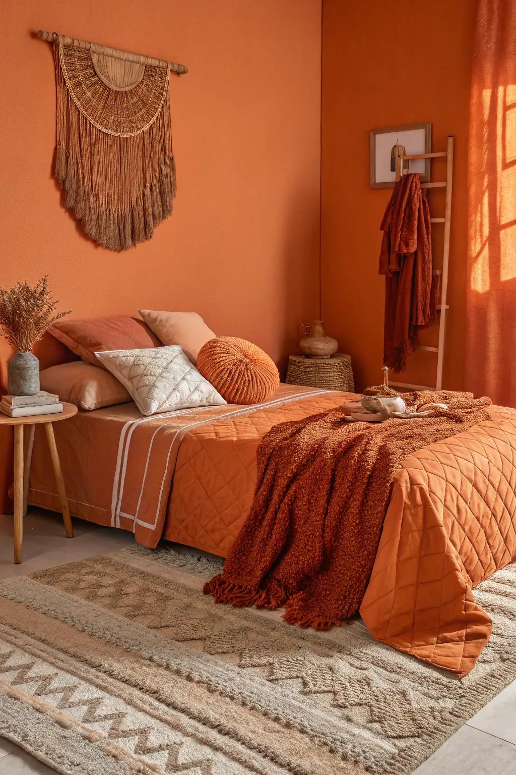 Layered textures create a rich and inviting atmosphere with orange walls.