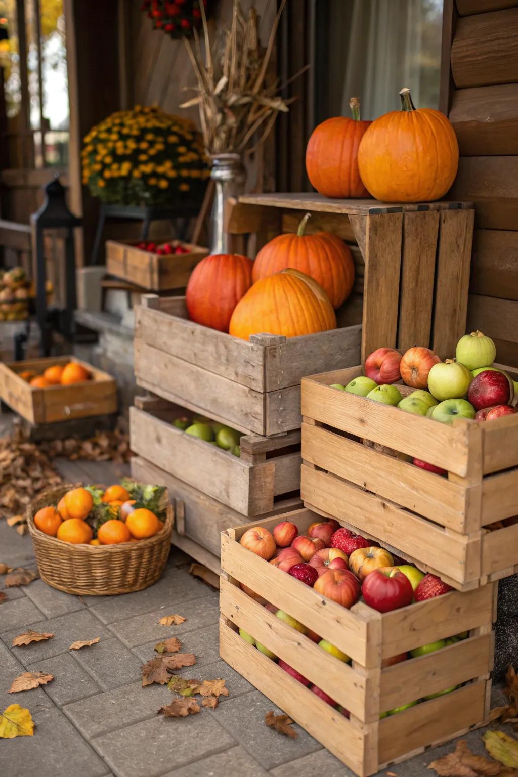 Wooden crates filled with pumpkins and apples create a rustic display.