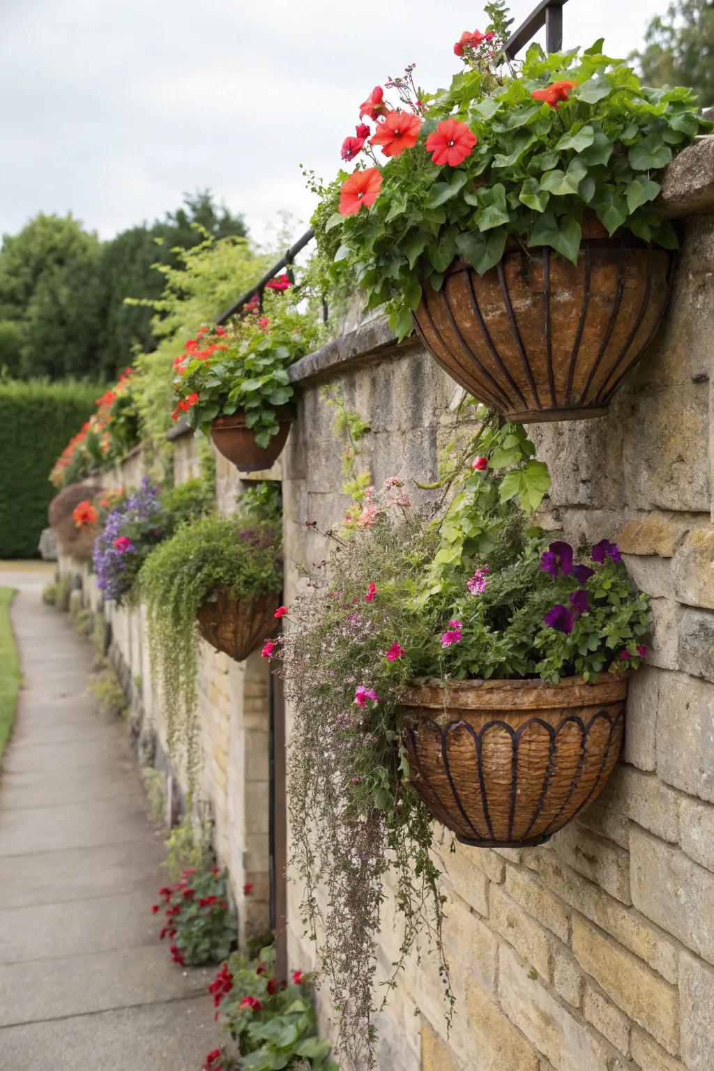 Hanging baskets bring color and depth to vertical garden spaces.