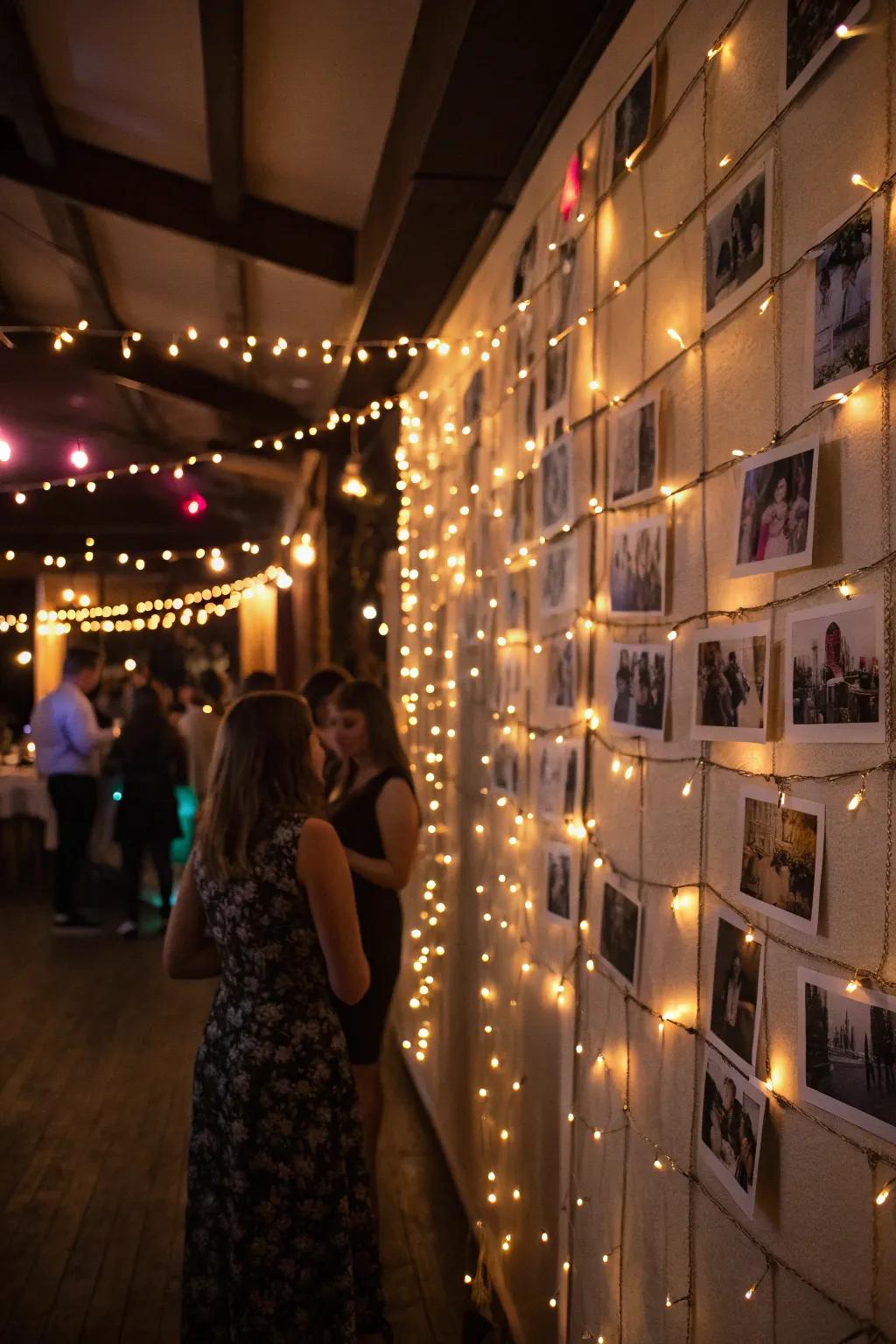 Fairy lights add a magical and whimsical feel to your photo wall.