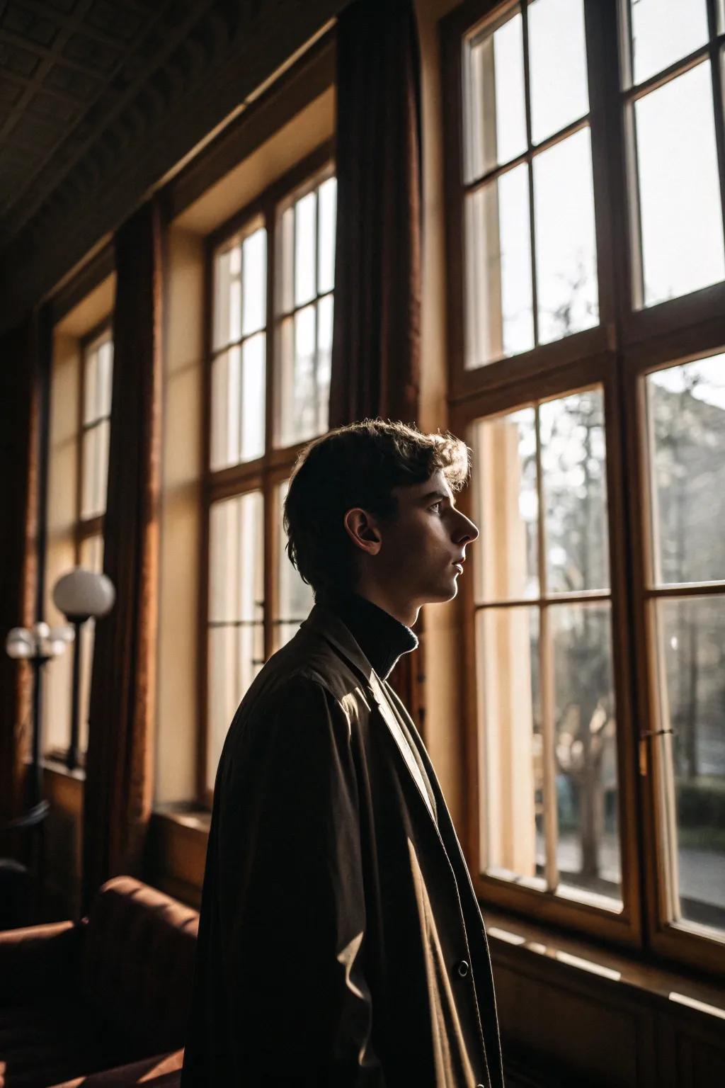 A portrait captured in a room with expansive windows and natural light.