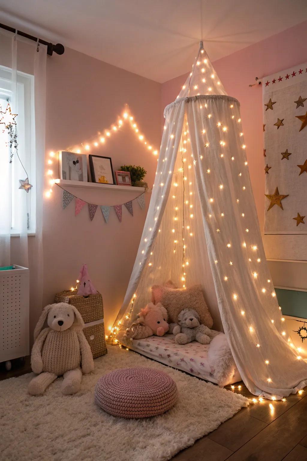 Fairy lights establish a magical and cozy ambiance.