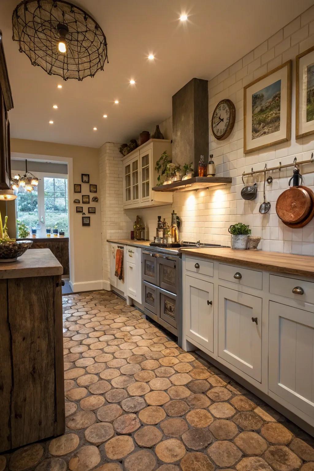 End grain wood tiles offer a unique and textured look to kitchen floors.