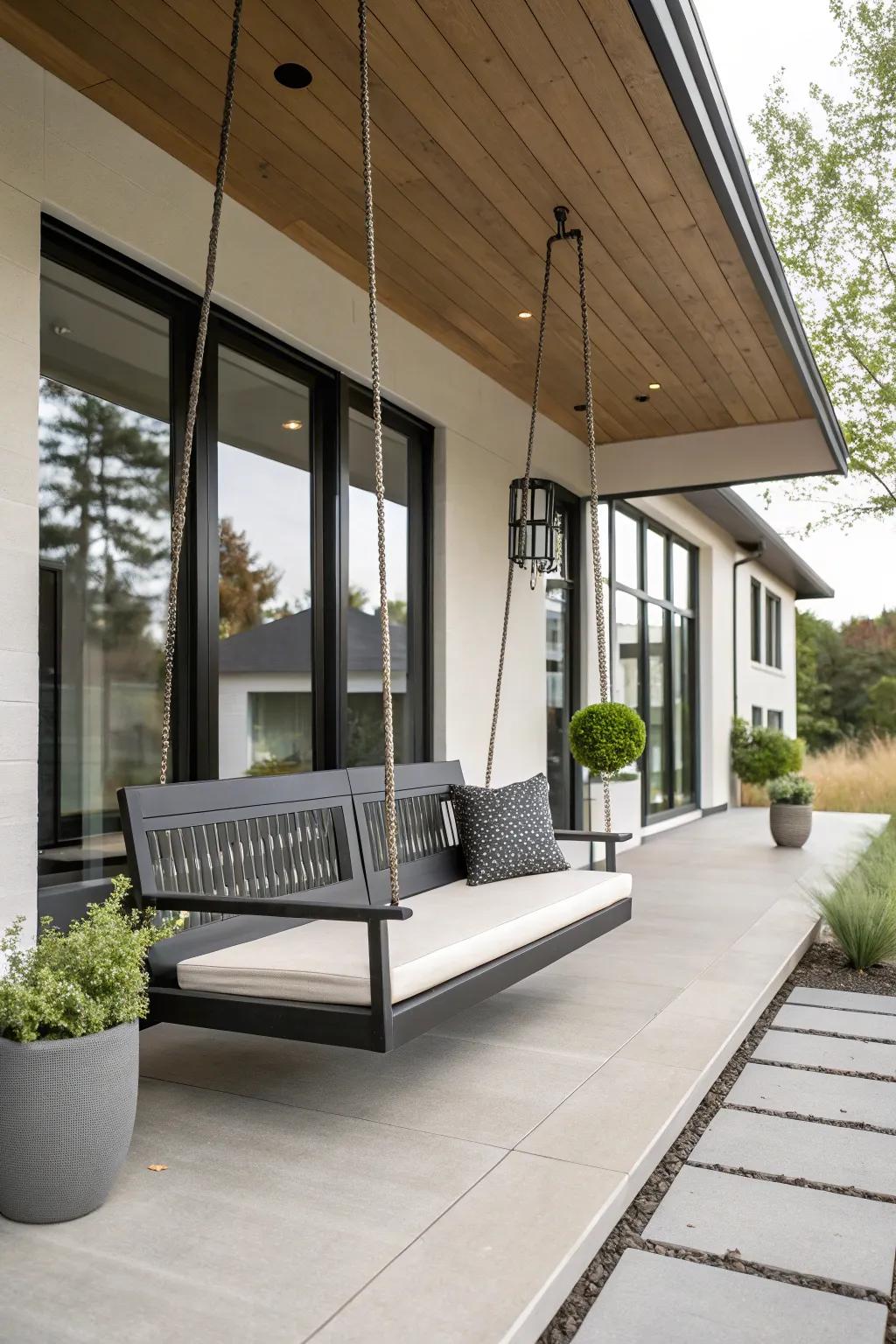 A floating bench brings a sleek, modern look to the porch.