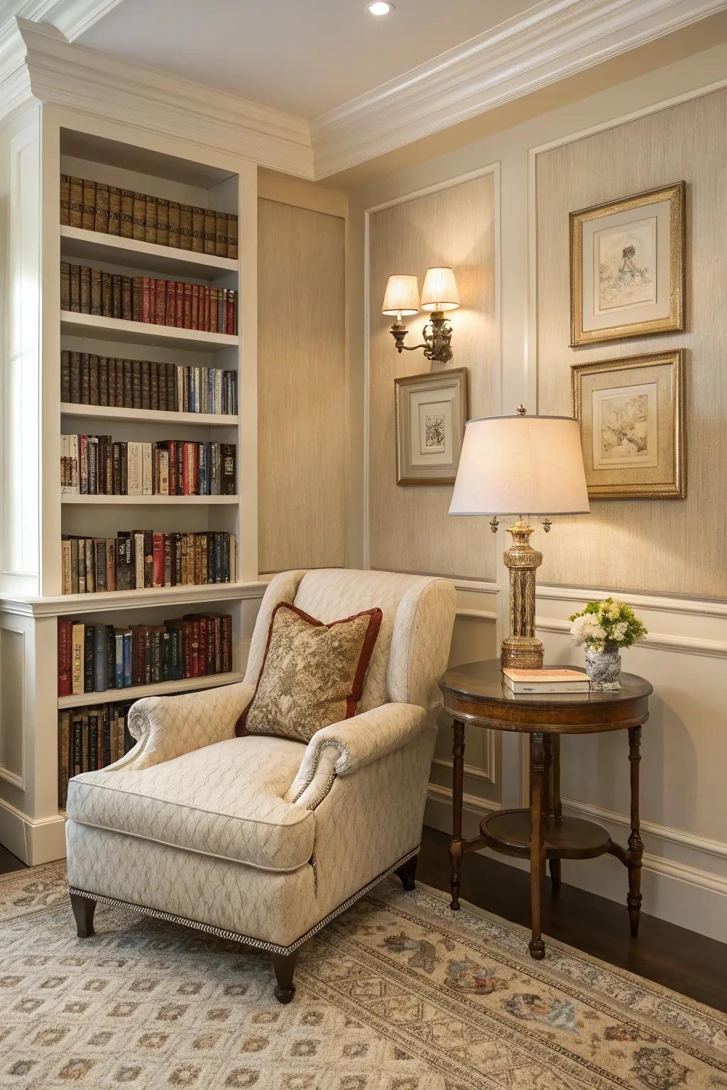 An elegant reading nook with timeless appeal.