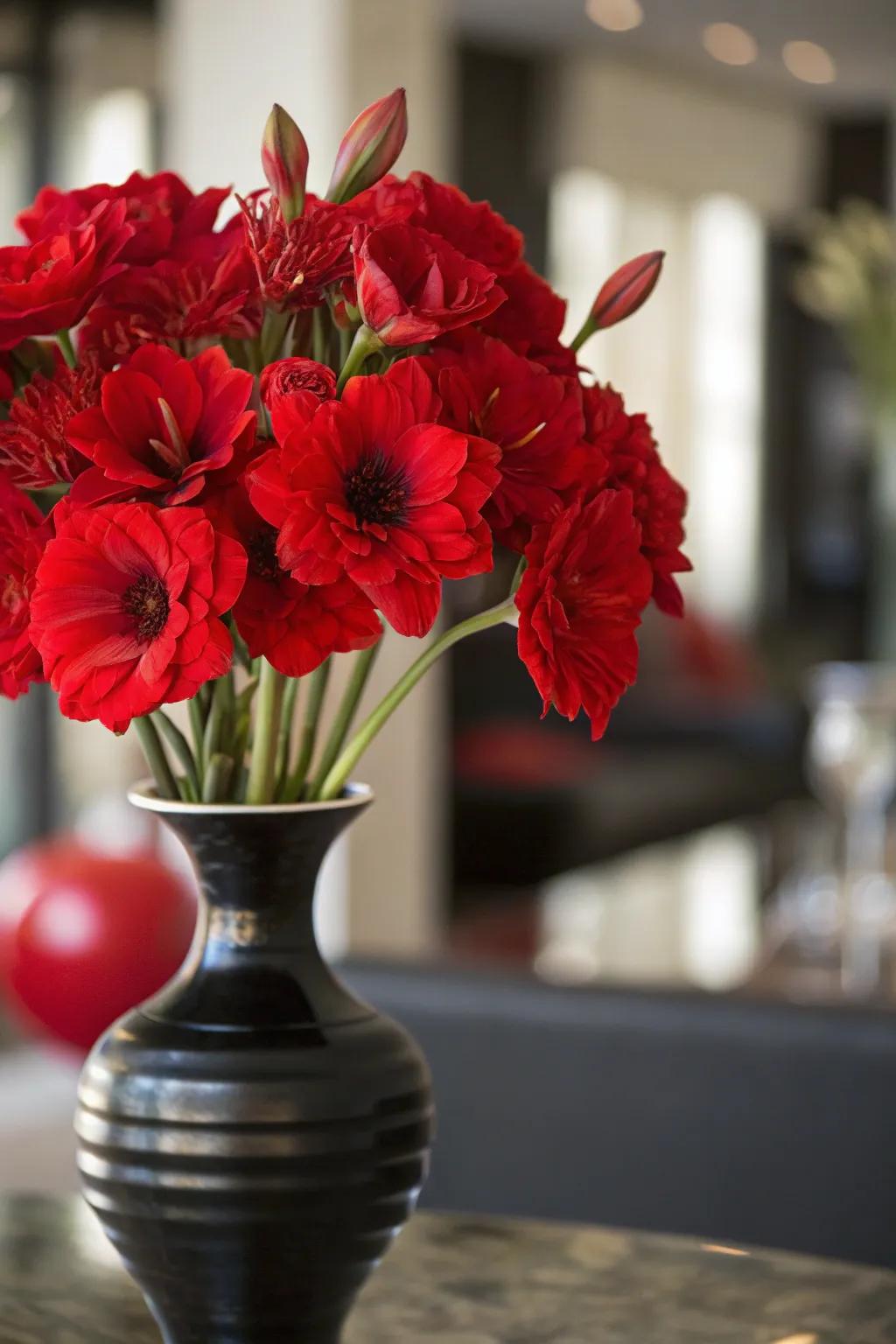 Oversized red blooms in a black vase make a bold and beautiful statement.