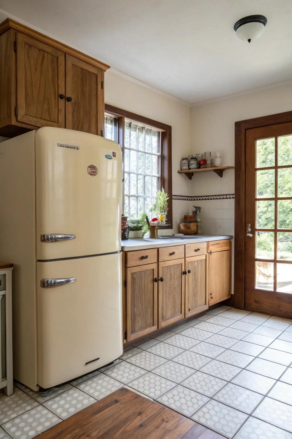 A kitchen featuring a retro minimalist refrigerator that merges past and present design.