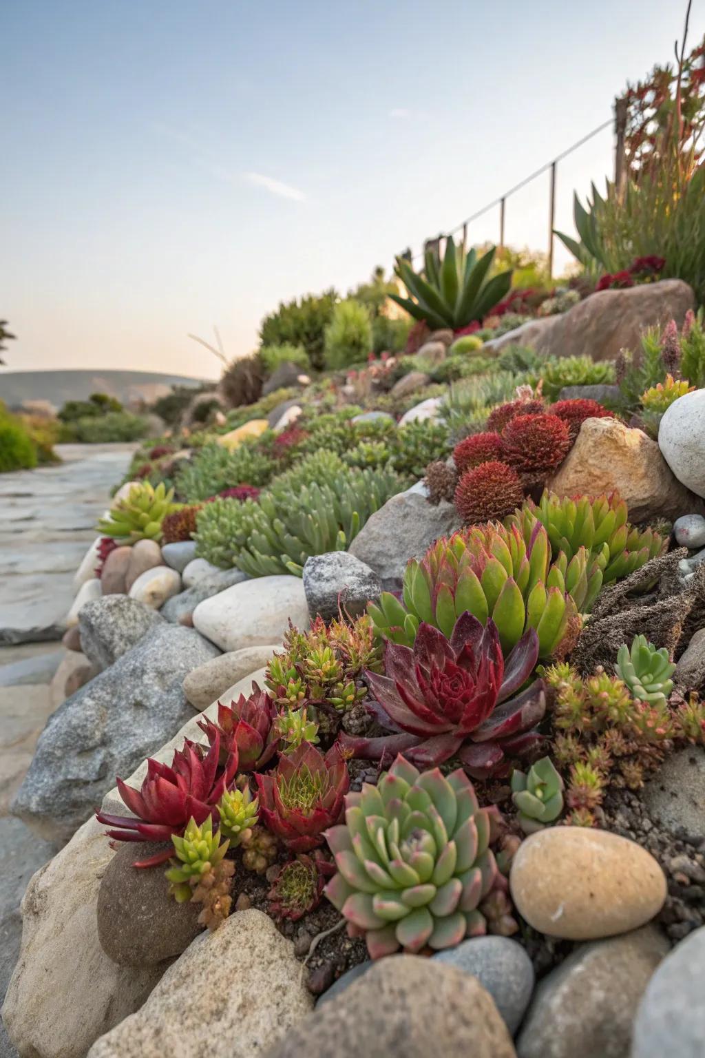 Colorful succulents add vibrant pops of color to a rock garden.