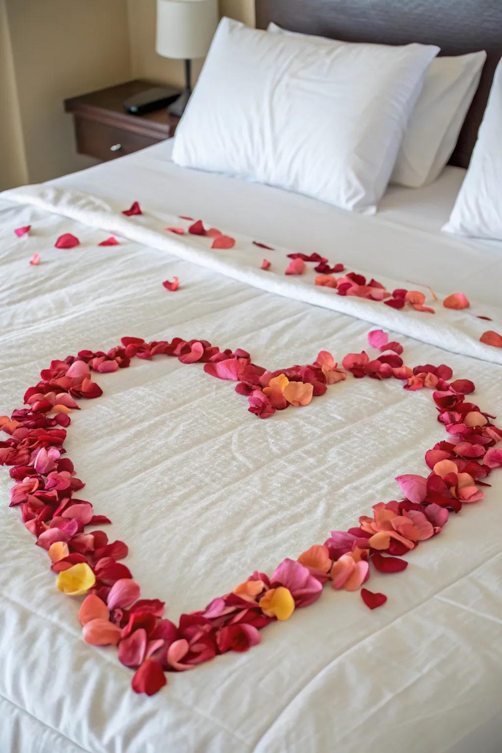 A heart shape made of rose petals on a bed.