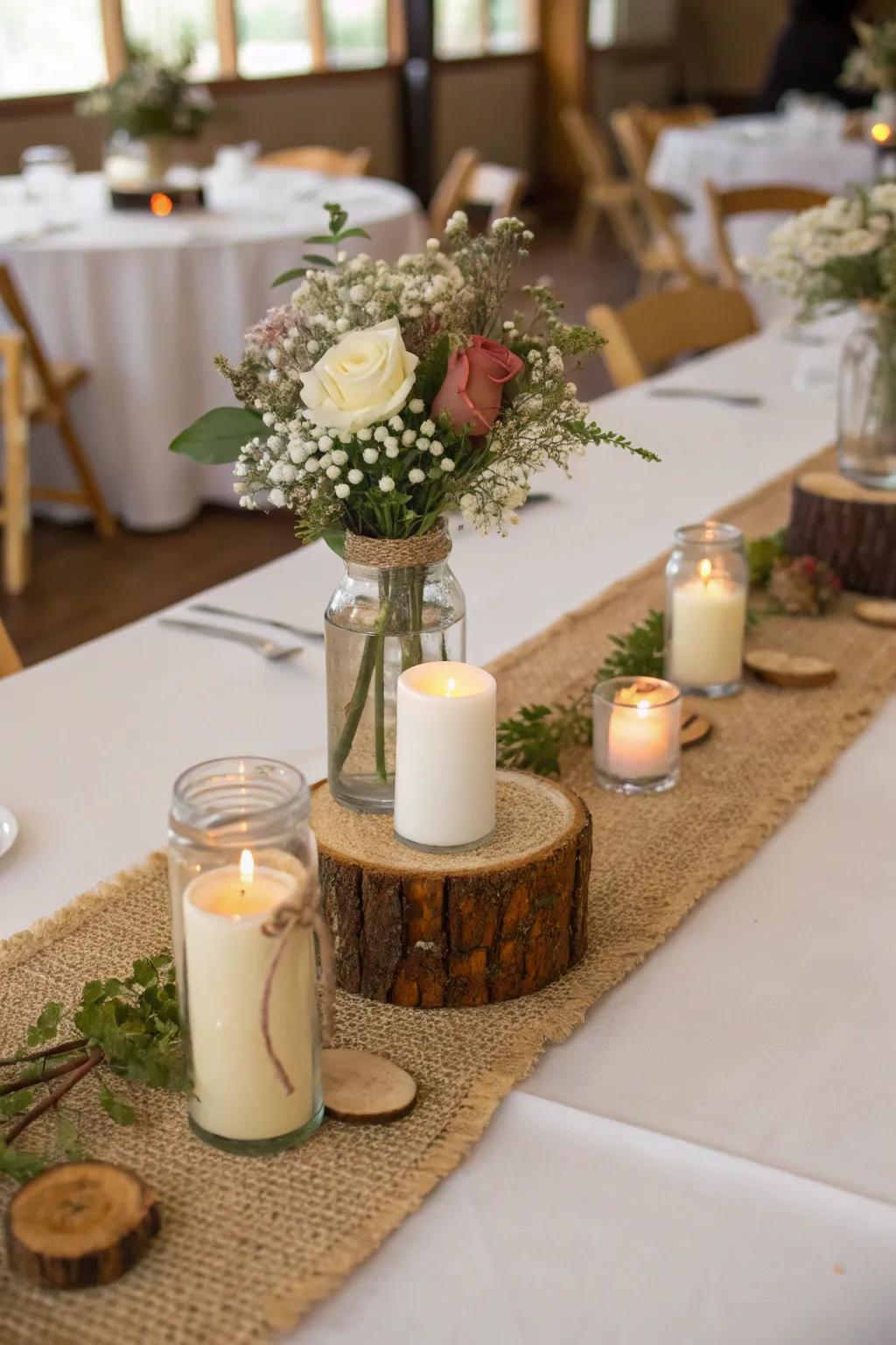 Burlap runners grounding the rustic theme