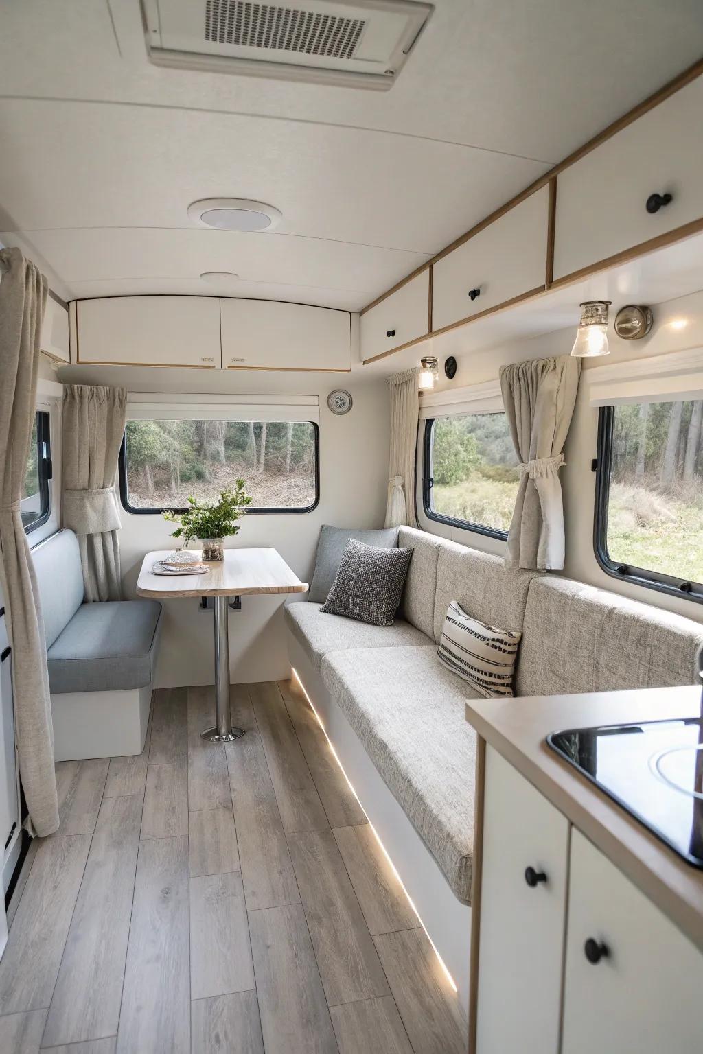 Minimalist calm enhances both focus and tranquility in this RV.