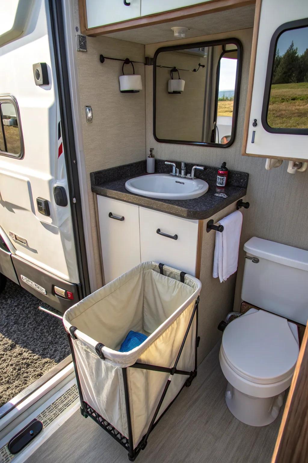 A sink-adjacent hamper ideal for drying wet clothes in an RV.