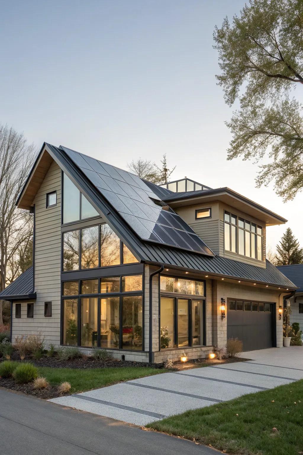 Modern home with a solar panel-equipped shed dormer.