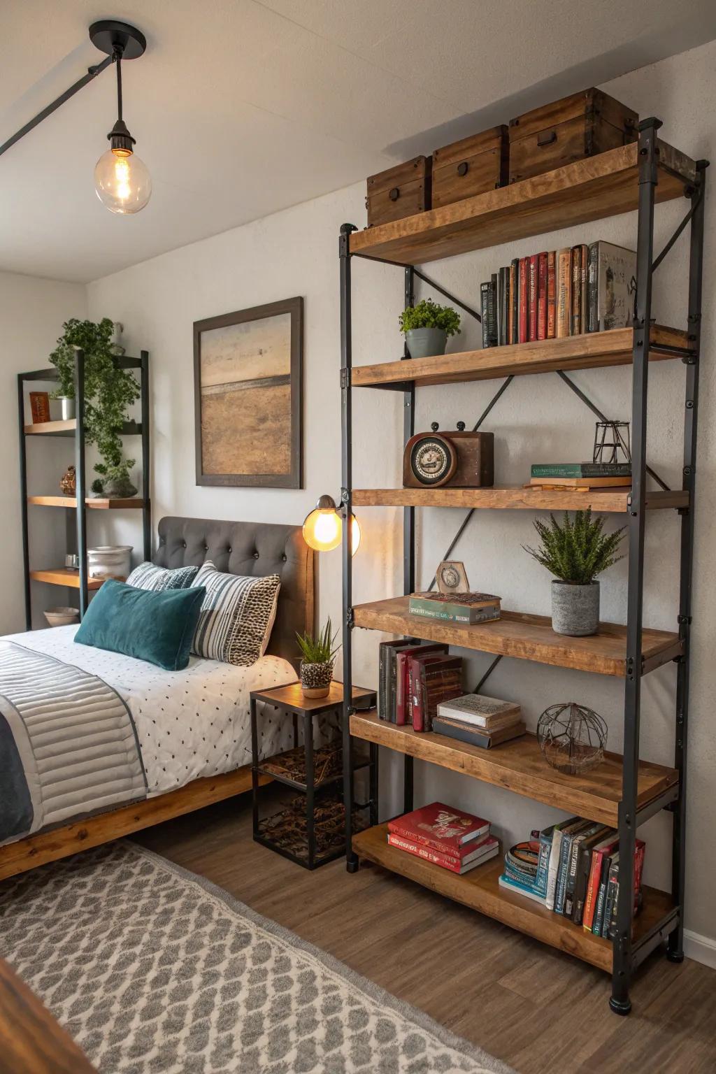 Rustic industrial shelves for an edgy look.