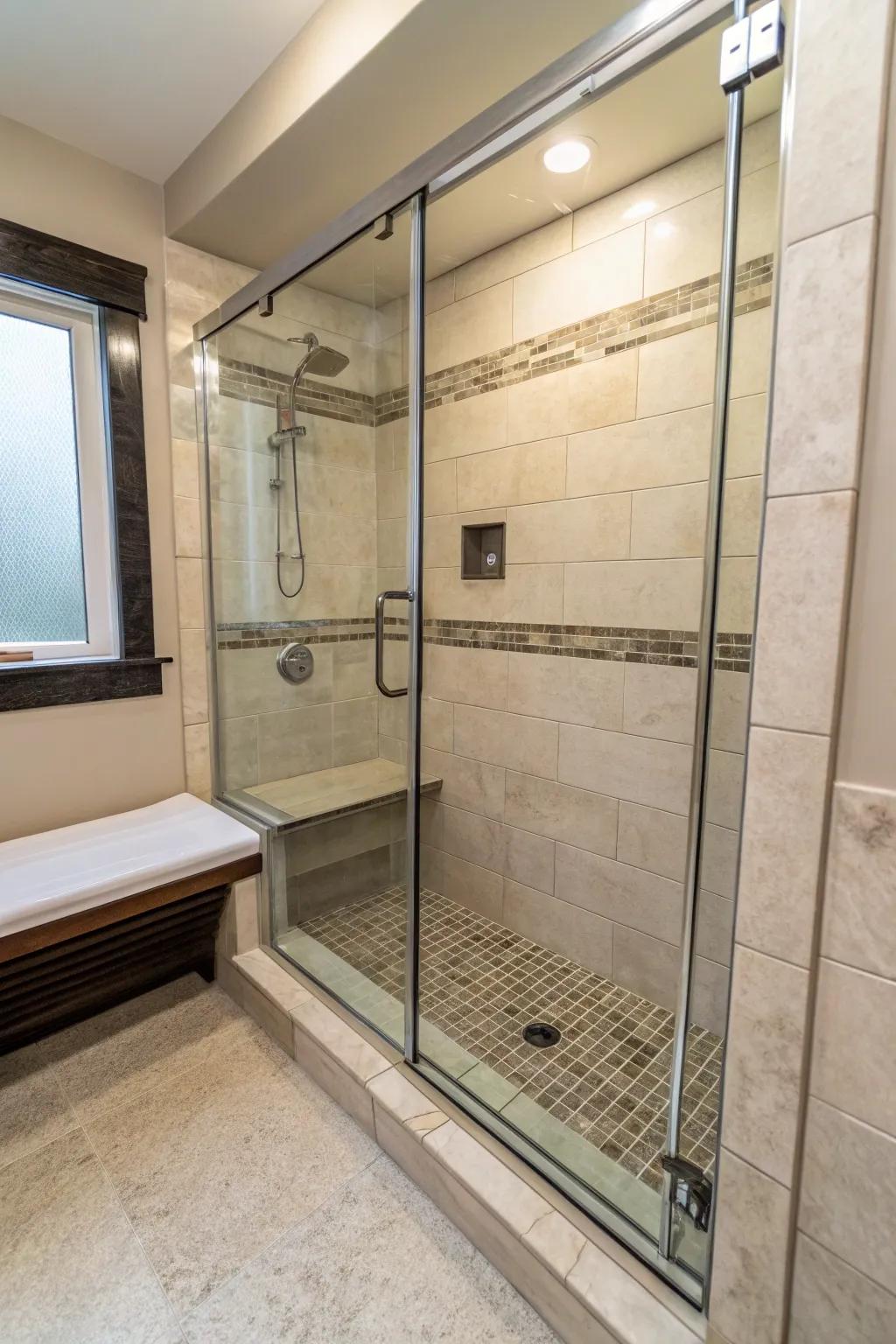 A shower stall featuring a built-in bench for added comfort.