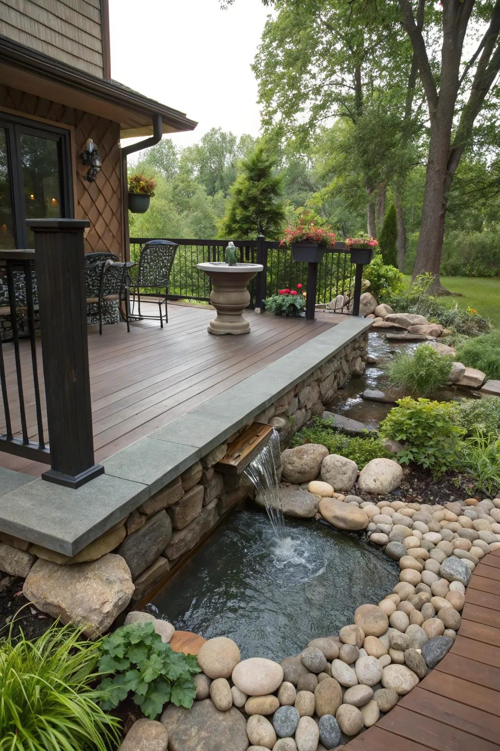 Natural elements like stone and water bring serenity to your deck.