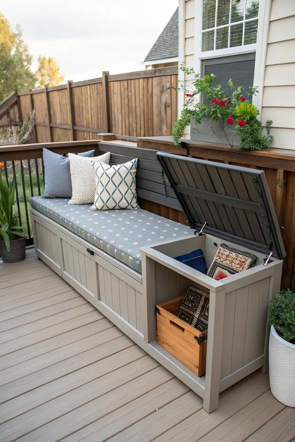 Multi-functional furniture optimizes space and utility on the deck.