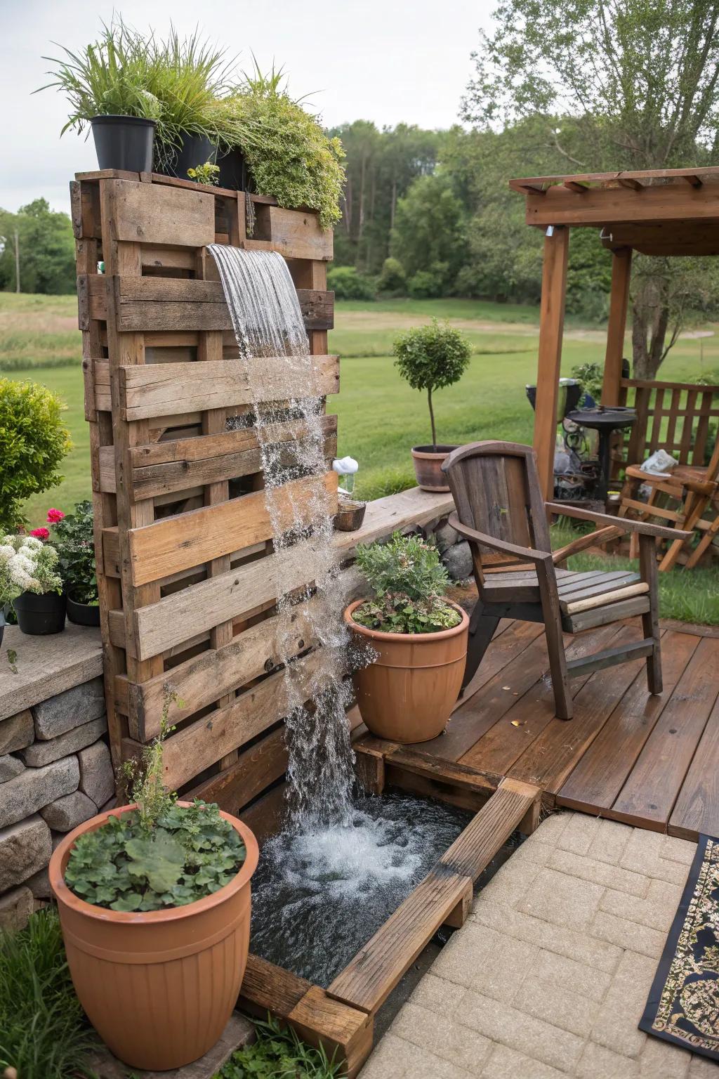 A pallet waterfall adds rustic charm and creativity.