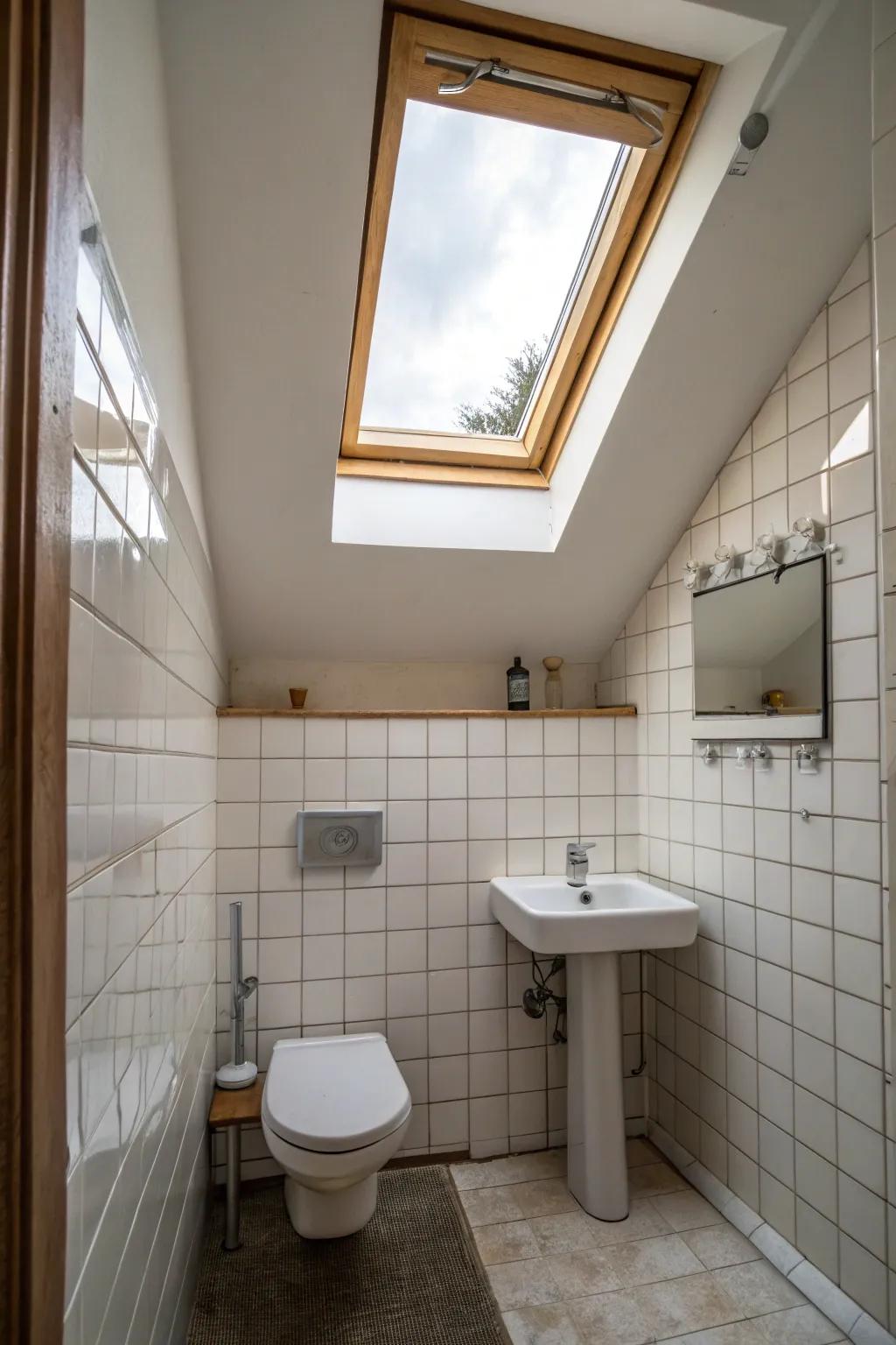 A skylight brightens and expands the feel of a small bathroom.