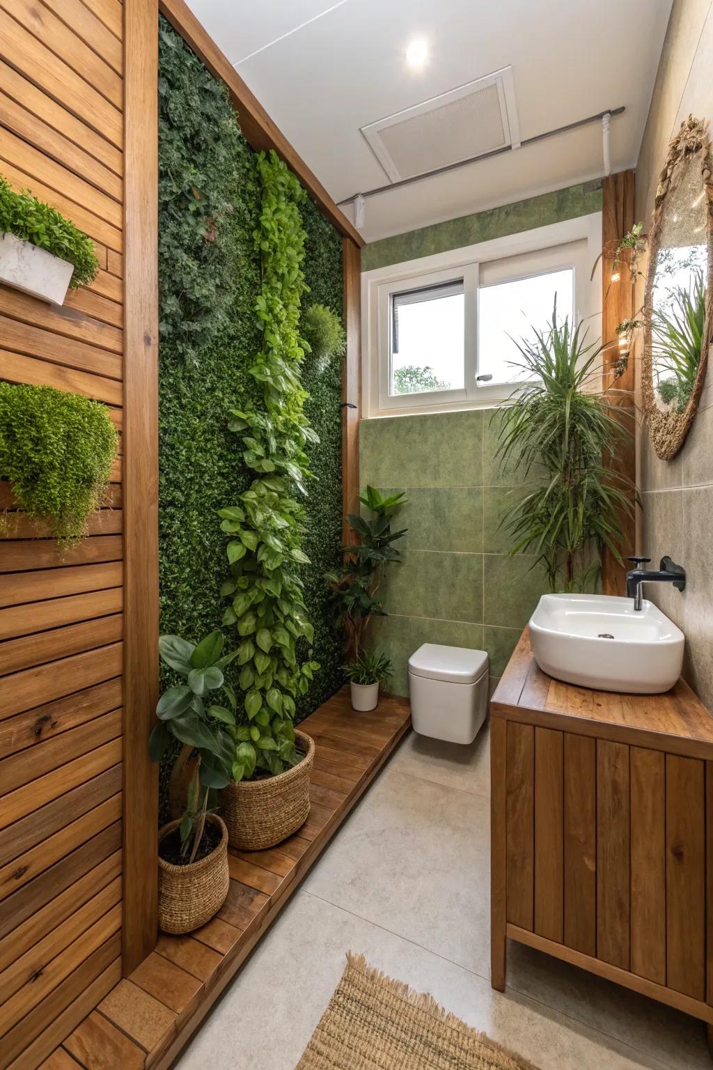 Green wall panels in a small bathroom, infusing natural freshness and vitality.