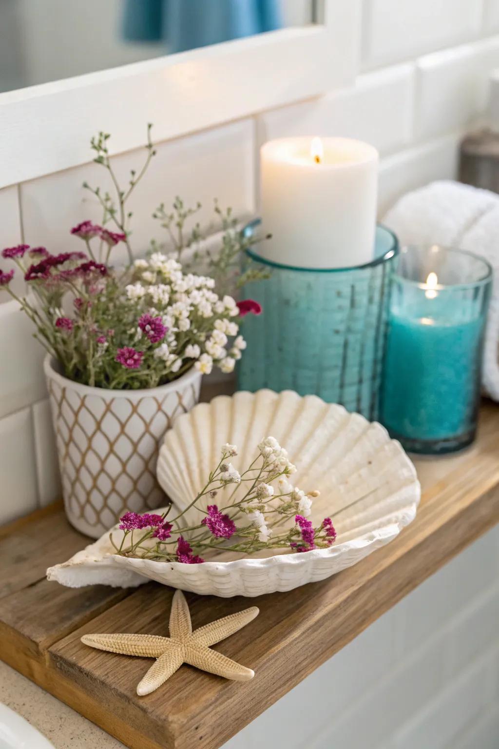 Seashells filled with flowers add a beachy touch to your decor.