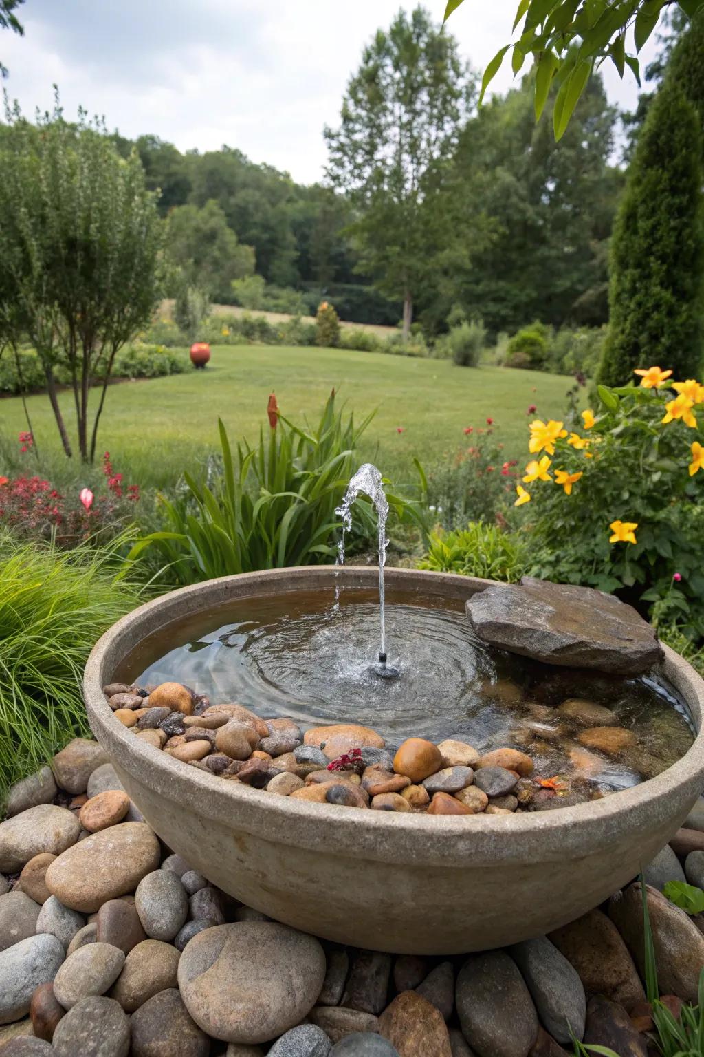 A natural-looking solar fountain nestled within a pebble-filled basin.