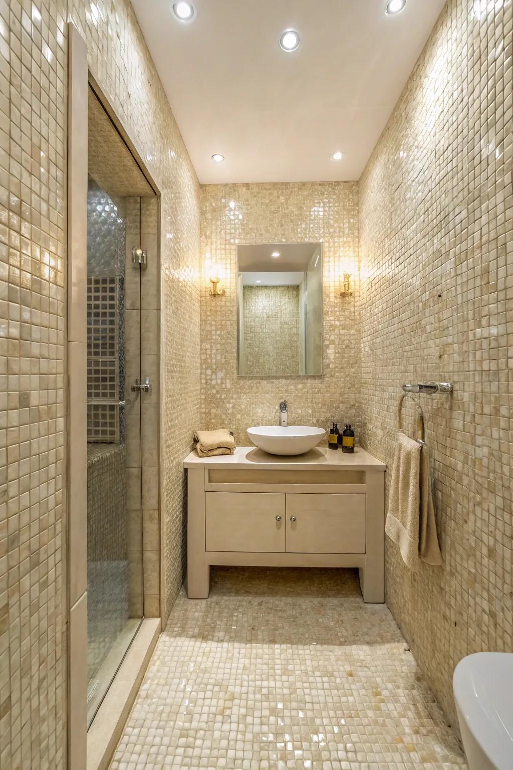 Mosaic tiles adding elegance and expanding space perception.