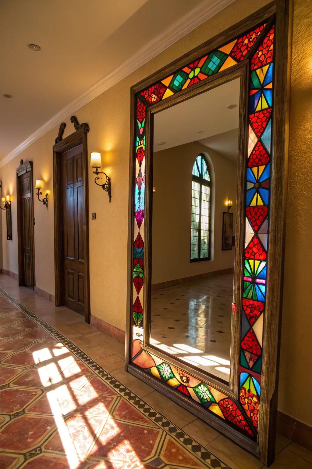 Stained glass borders transform ordinary mirrors into stunning decor pieces.