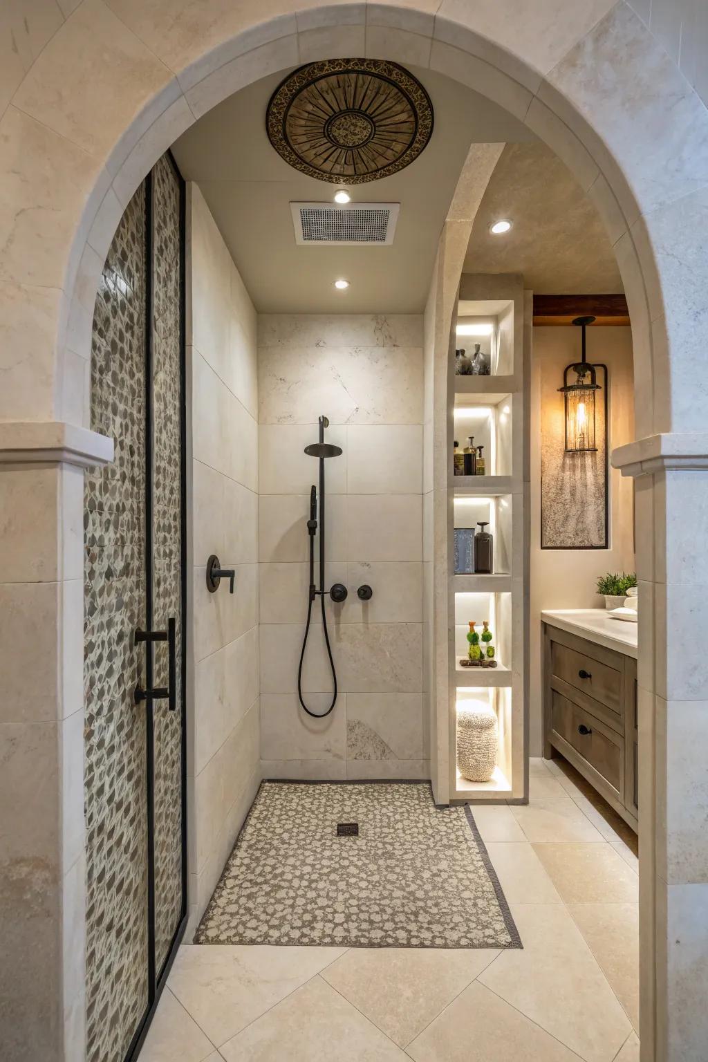 Architectural shapes create a unique niche for a standup shower.