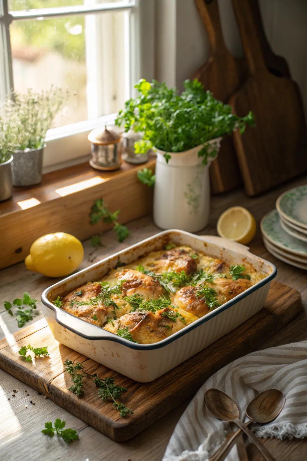 Zesty lemon and herb chicken casserole, a refreshing Sunday treat.