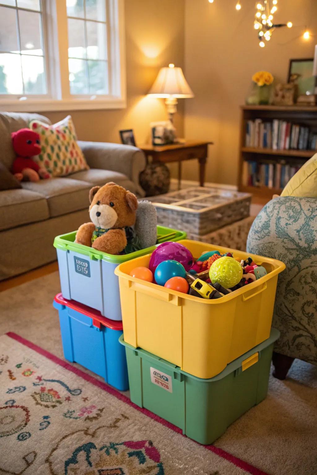 Portable bins simplify toy storage and cleanup.